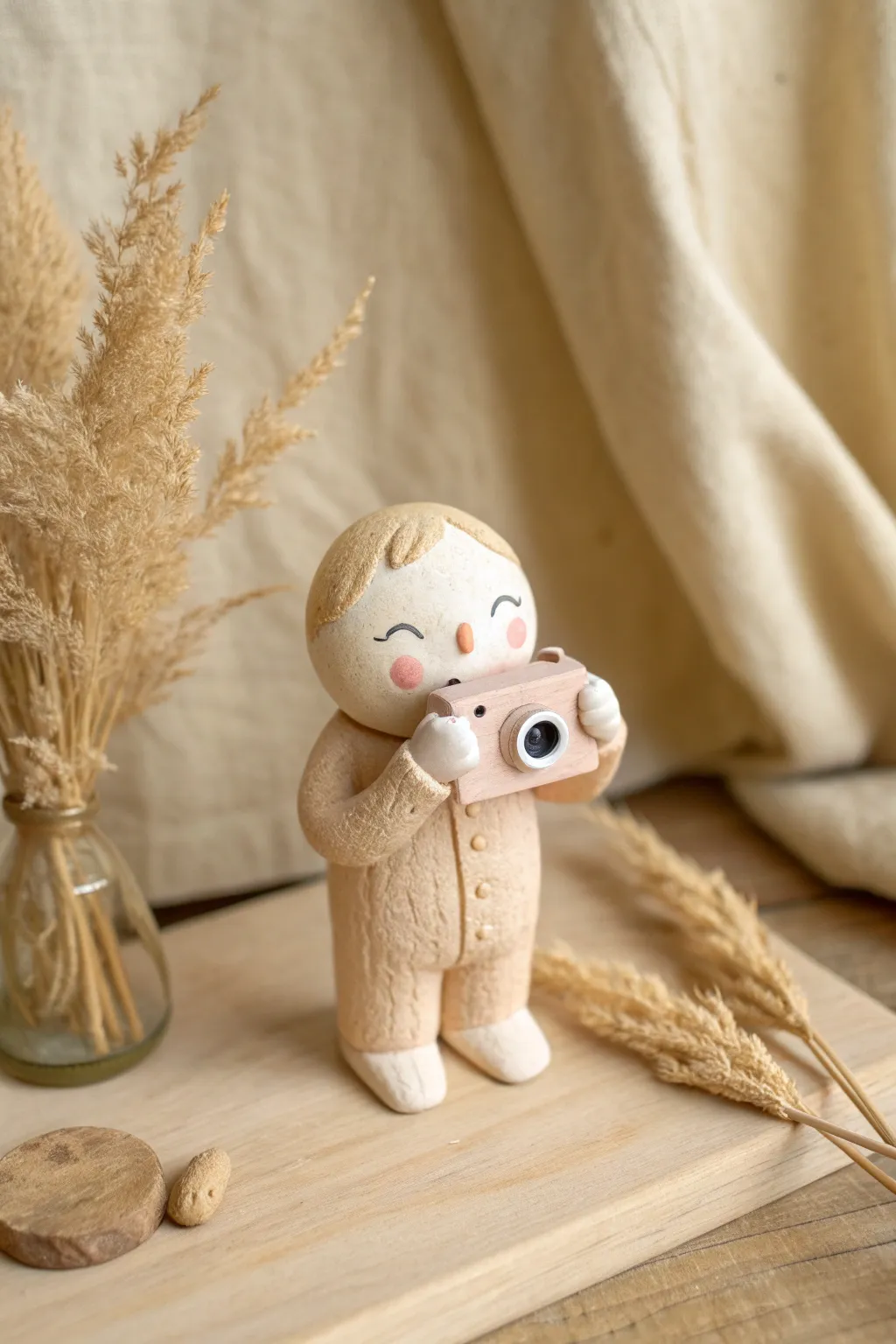 Sweet hobby clay person with tiny camera, minimalist Scandinavian styling with boho warmth.