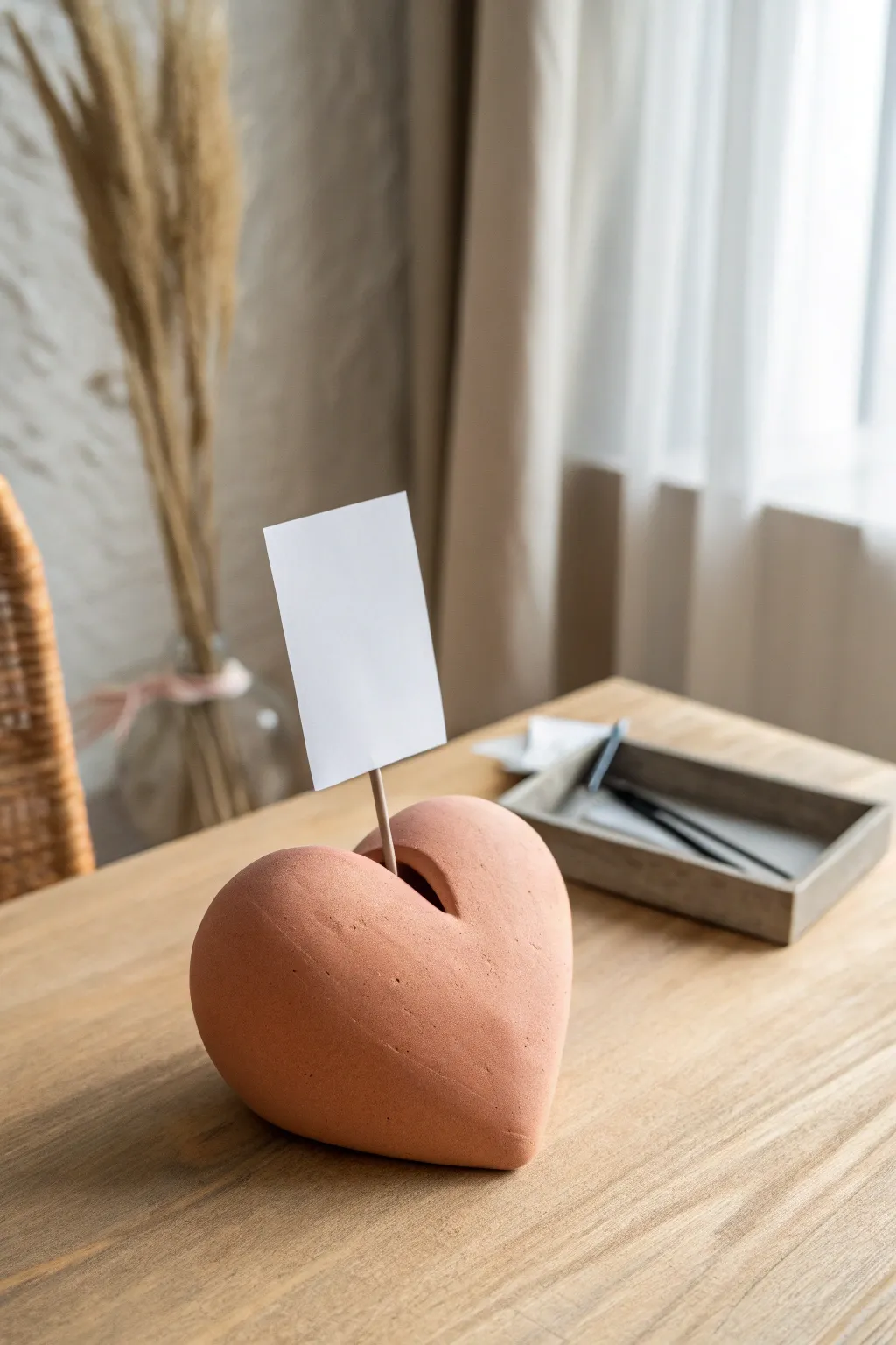A sweet heart-shaped clay photo holder with warm light and minimalist, handmade charm.