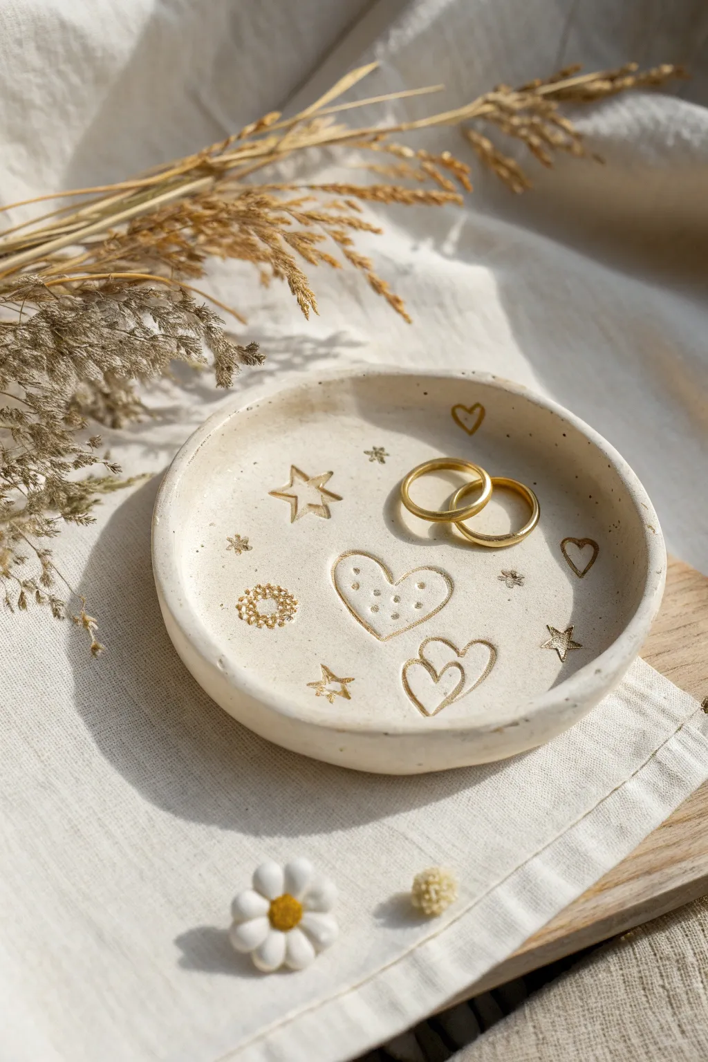 Minimal oval clay trinket dish with raised icons, softly lit, holding rings for scale