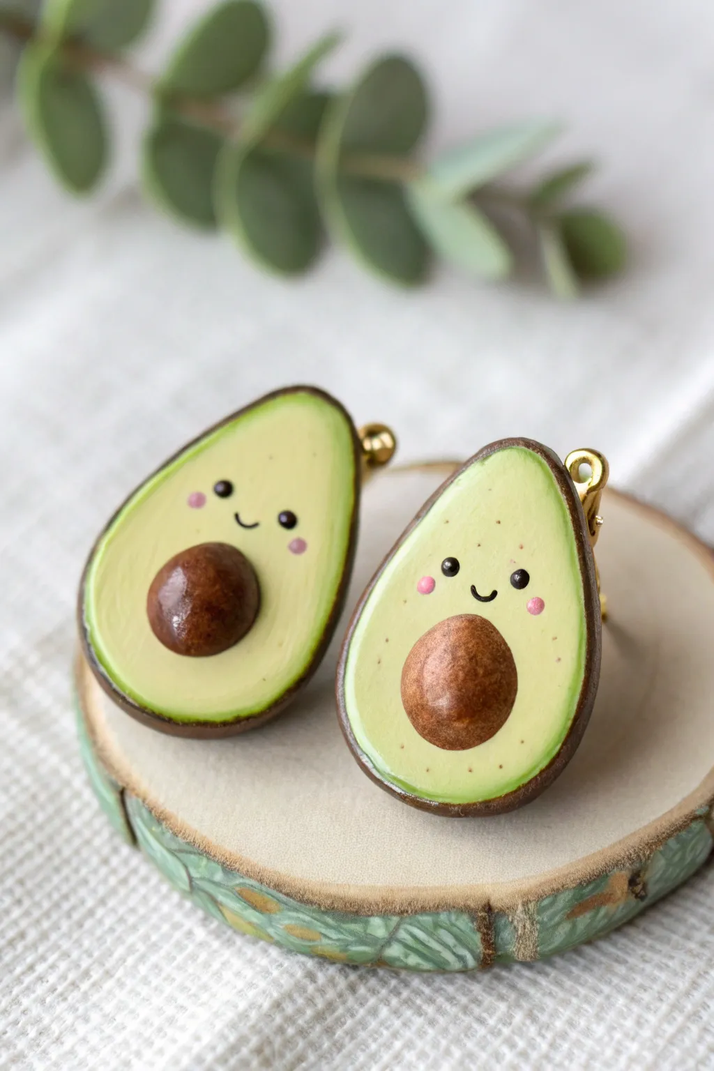 Avocado half bestie clay pins with sweet faces, minimalist boho style and crisp contrast.