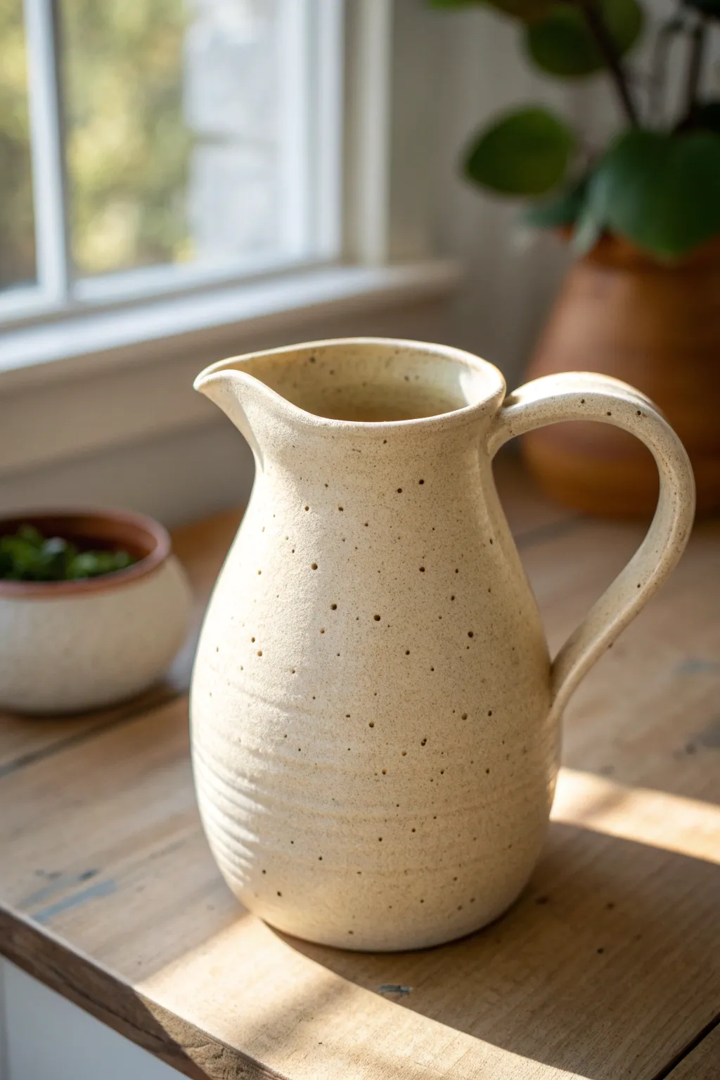 A minimalist cut-and-fold spout pitcher, crisp V pour point and warm speckled stoneware charm.