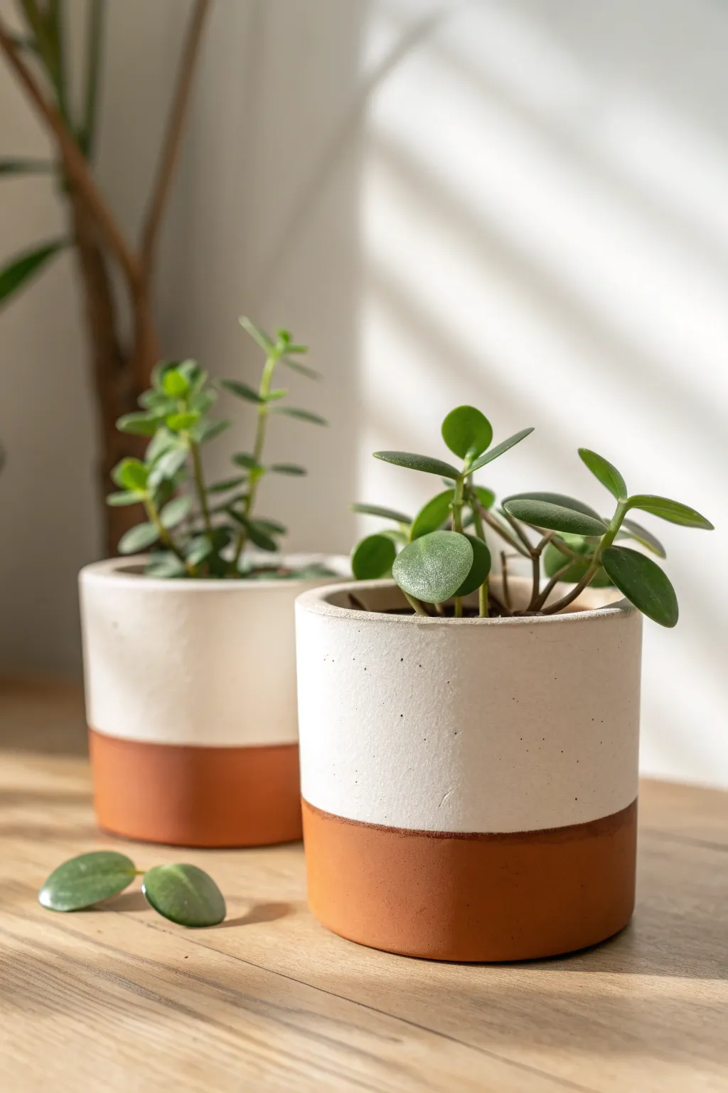 Two-tone mini clay pots with simple green plants, minimalist styling and soft Scandinavian light.