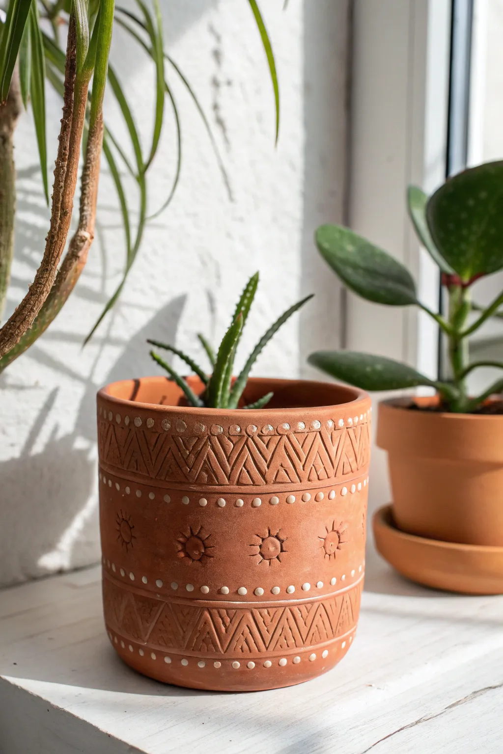 Stamped pattern clay planter in matte terracotta, minimal styling that lets the texture shine