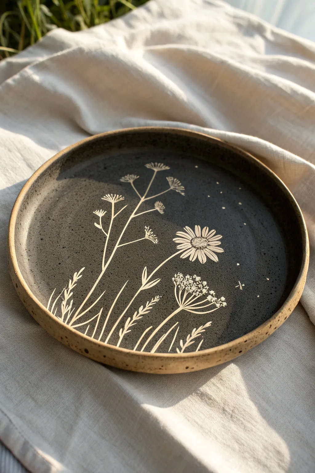 Minimal sgraffito plate with dark slip and carved floral lines, handmade and serene.