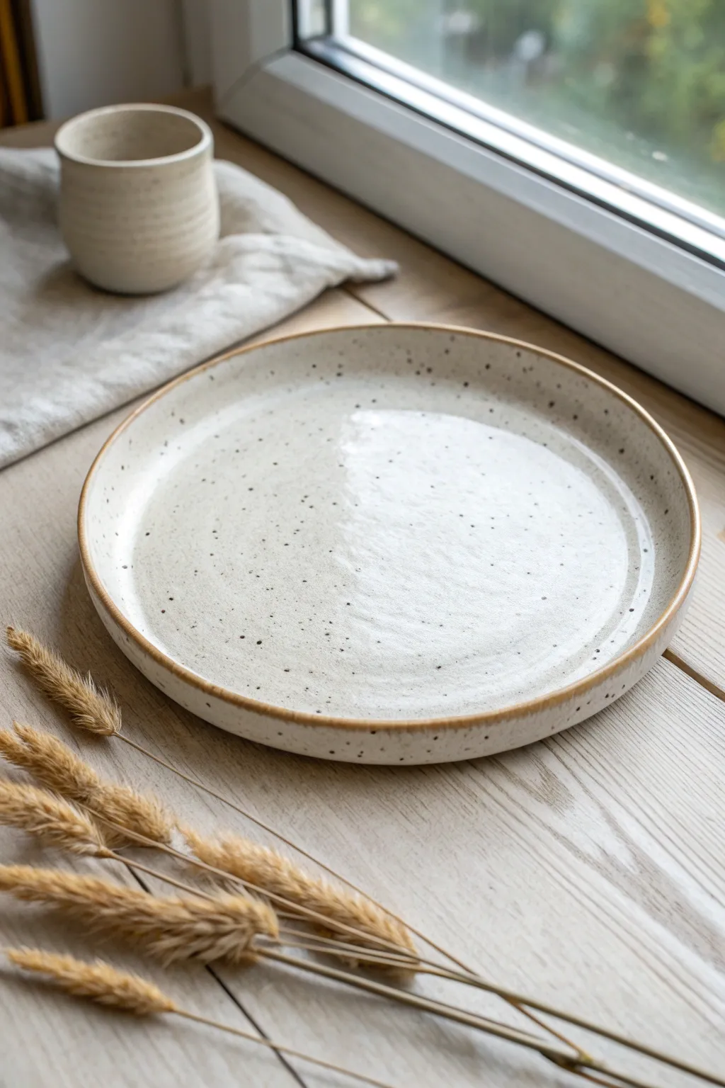 Speckled off-white clay plate with a satin finish, styled in a warm minimalist boho setting