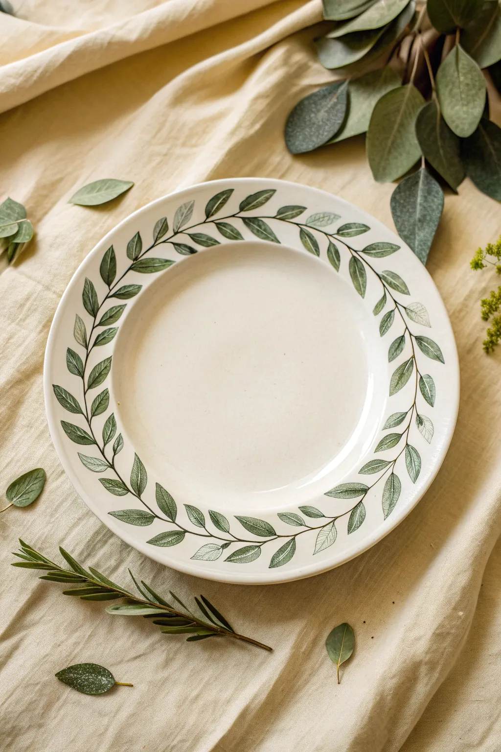 Minimal leaf wreath border plate painting in layered greens, clean center, calm Scandinavian style