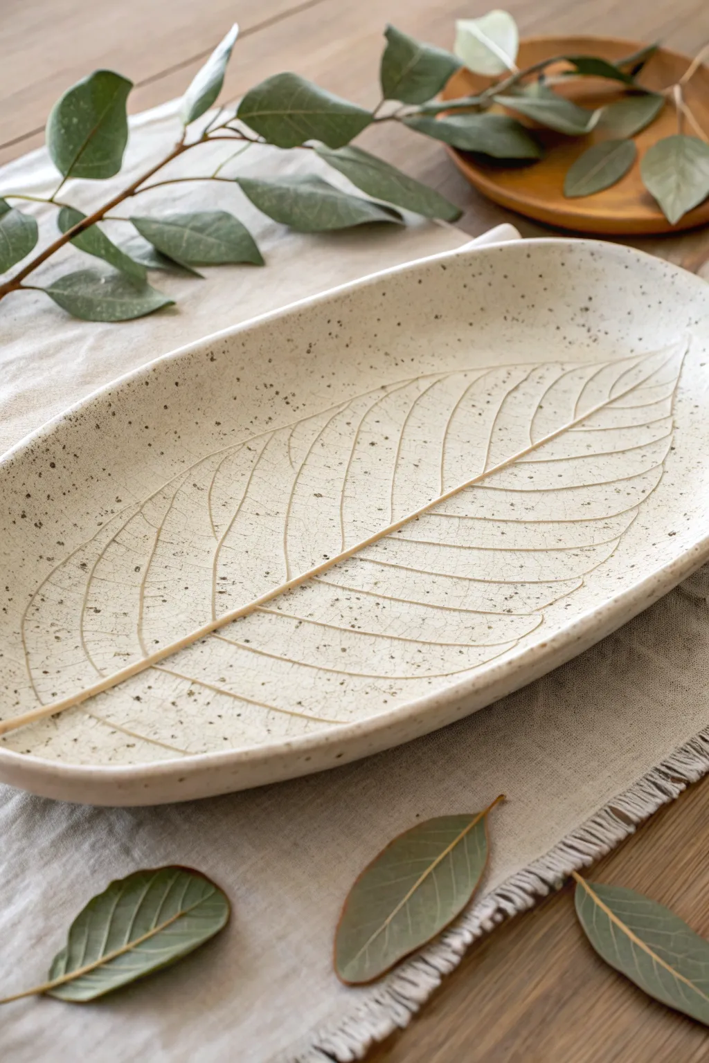 Leaf-imprint clay platter with crisp vein texture and a calm, earthy Scandinavian look