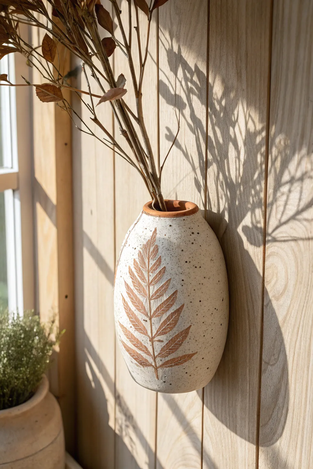 Earthy ceramic wall pocket with leaf-vein texture, softly lit for a calm minimalist look