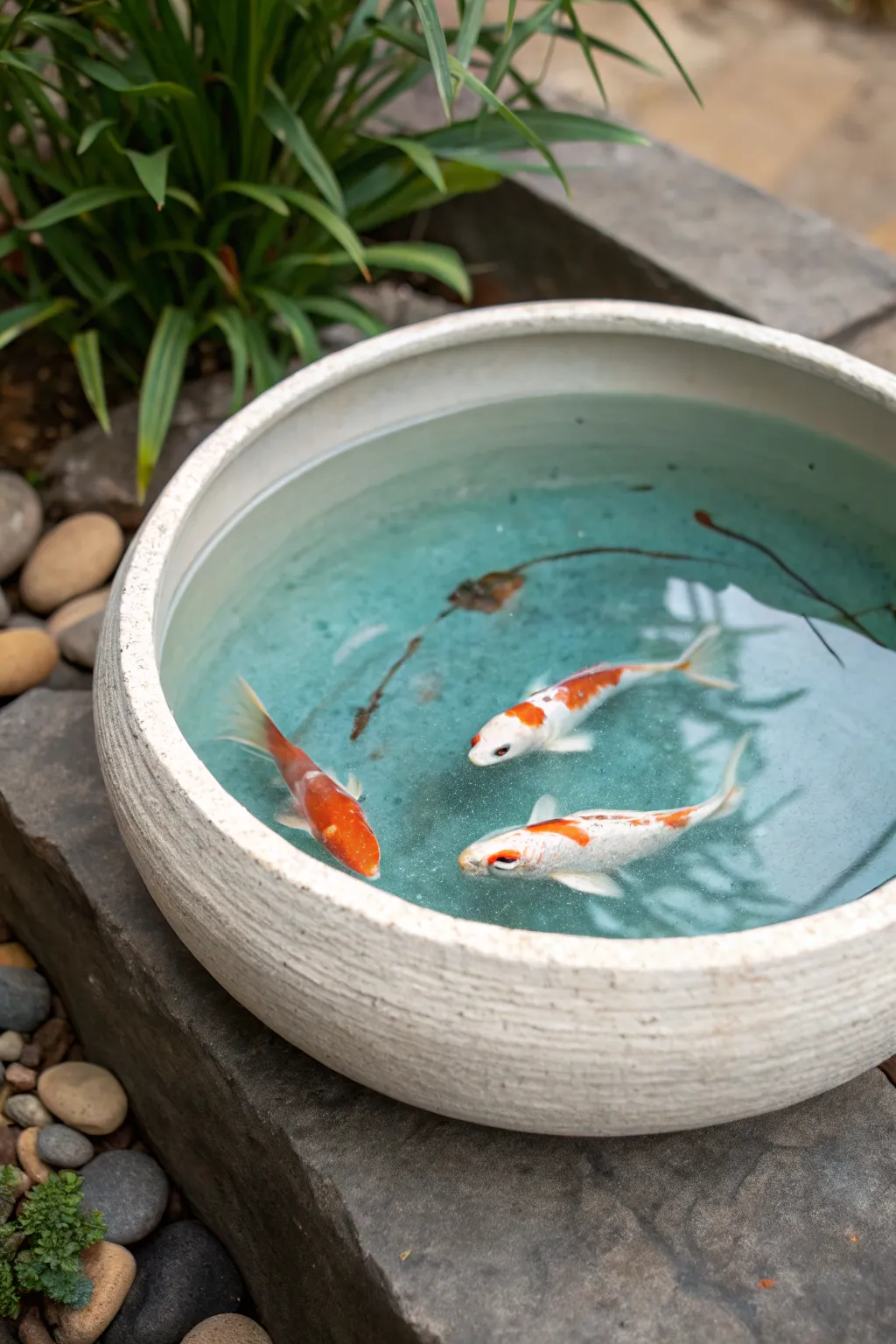 Minimal clay pond bowl with koi under a clear waterlike glaze, calm depth and soft Nordic boho style.