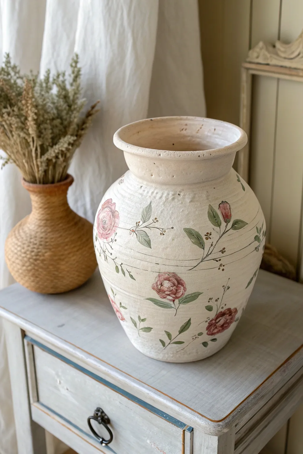 Soft matte clay pot with delicate floral decoupage wrap in a minimalist Scandinavian setting