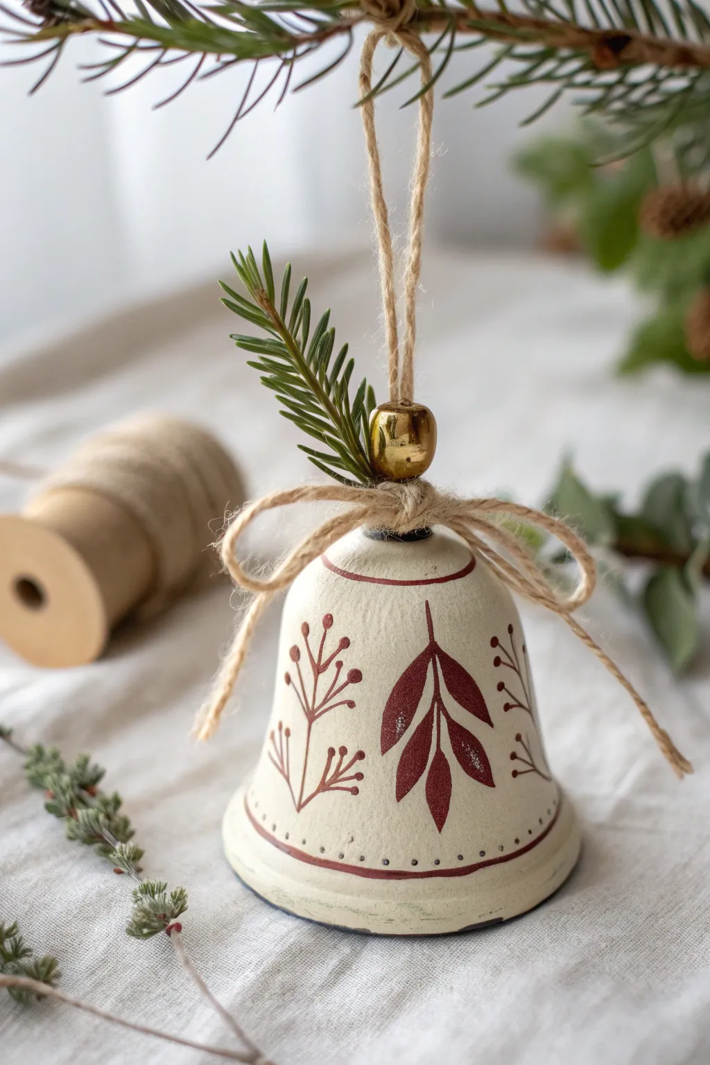 Mini clay pot bell ornament in soft holiday hues, simple, handmade charm for a cozy tree.