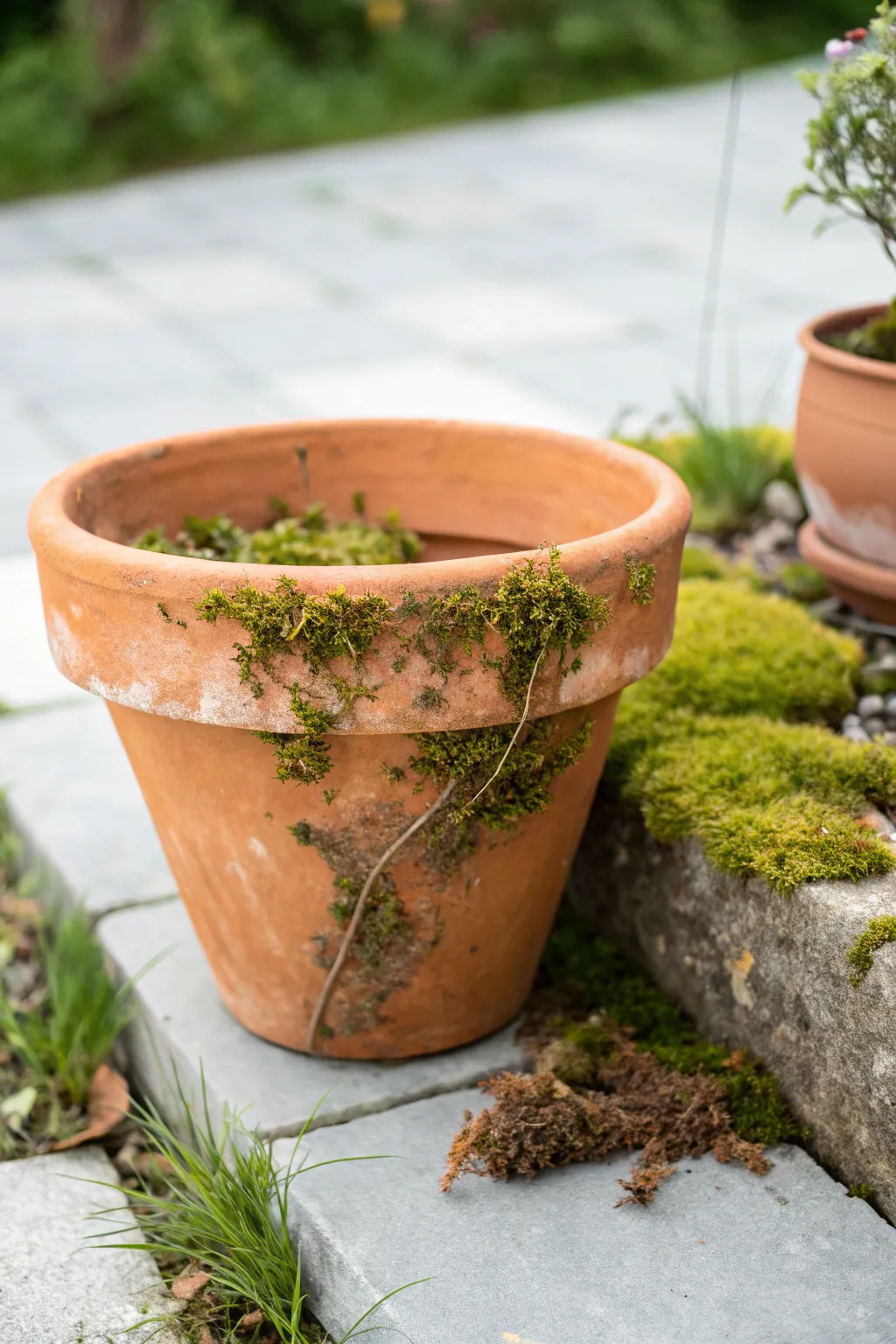 Mossy aged terracotta pot for easy garden charm, a simple clay craft with natural patina.