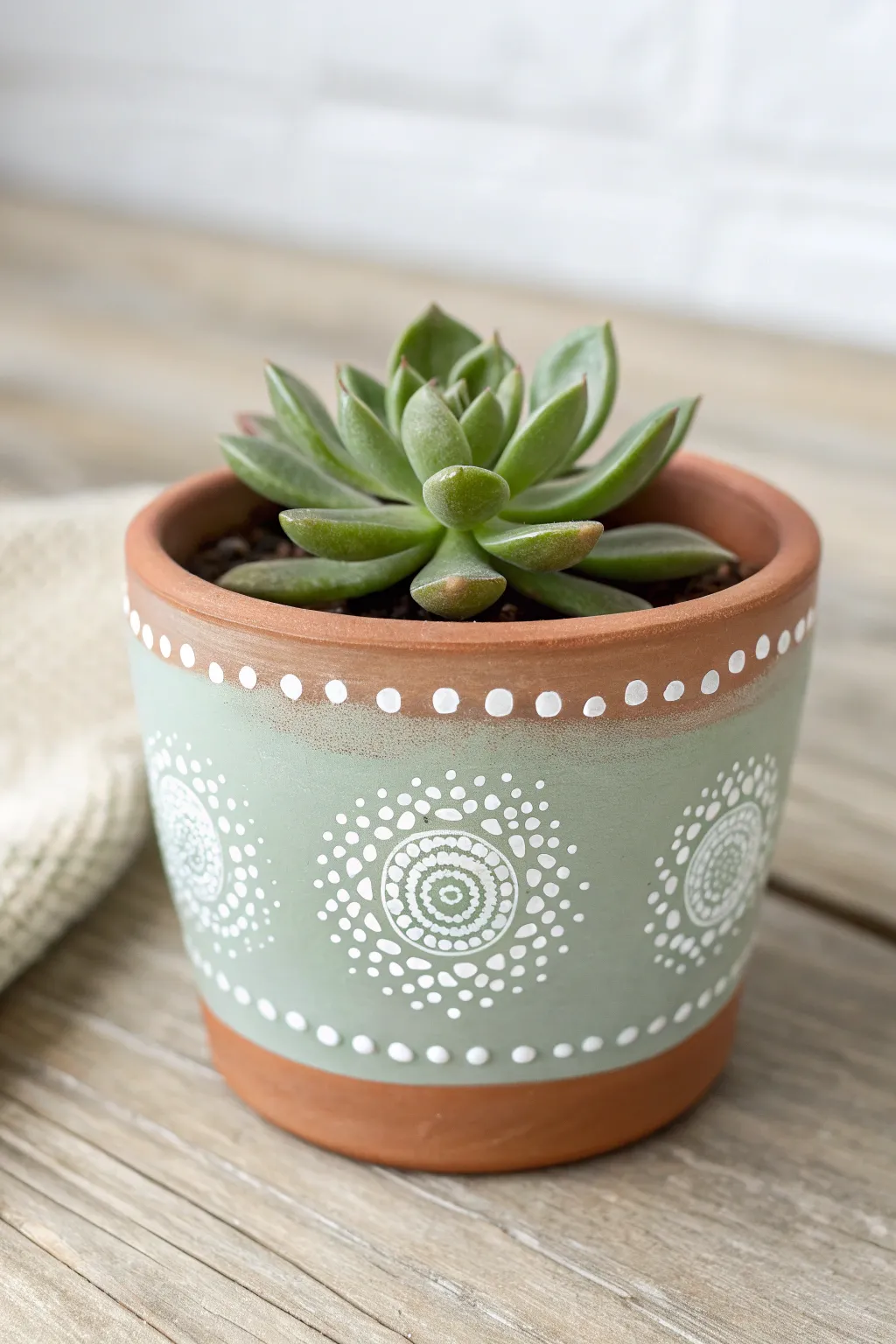 Muted sage pot with simple white dot mandala, styled with a tiny succulent for calm boho charm.