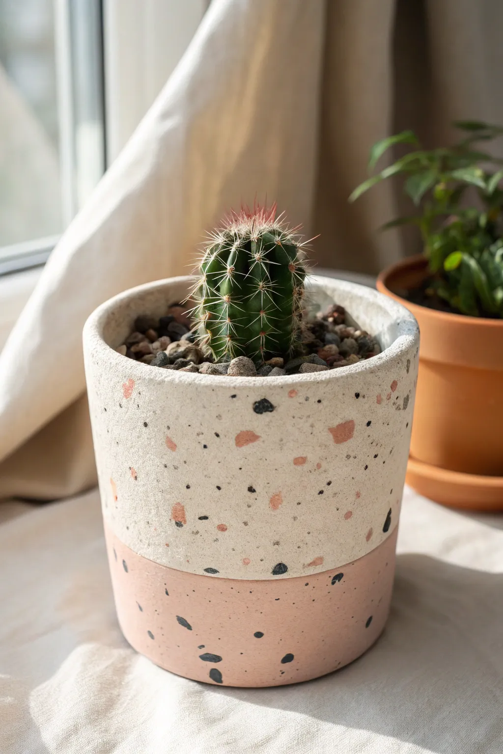 Minimal terrazzo speckles on a matte terracotta planter for a clean, trendy modern look