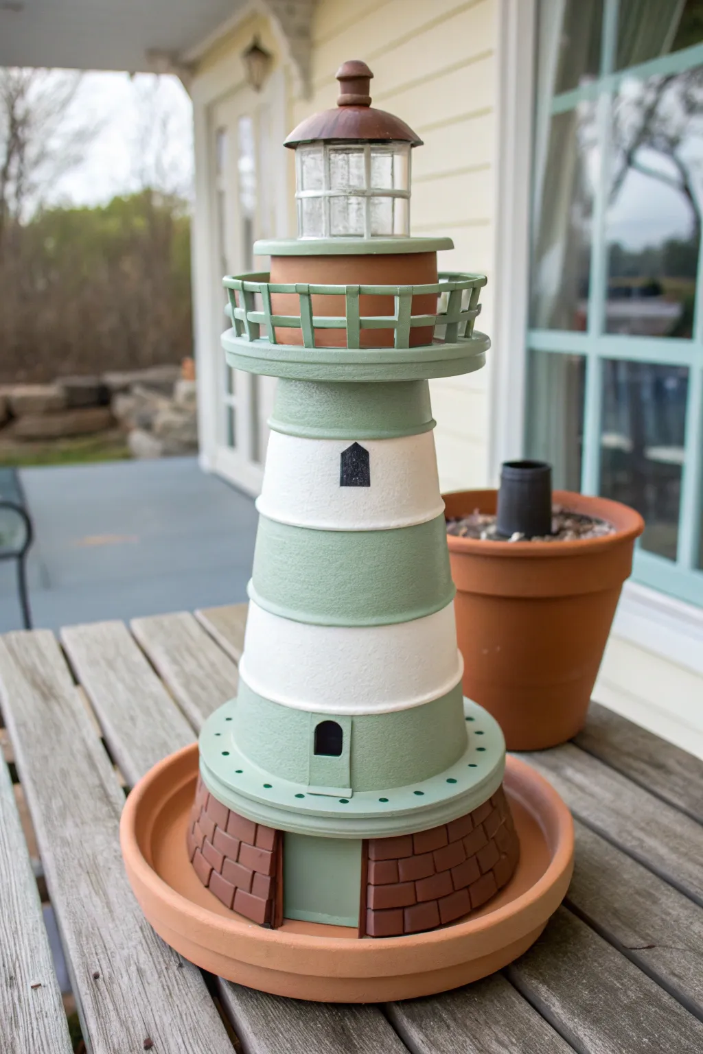 Minimal terracotta clay pot lighthouse with a saucer gallery deck and a soft contrasting rim band