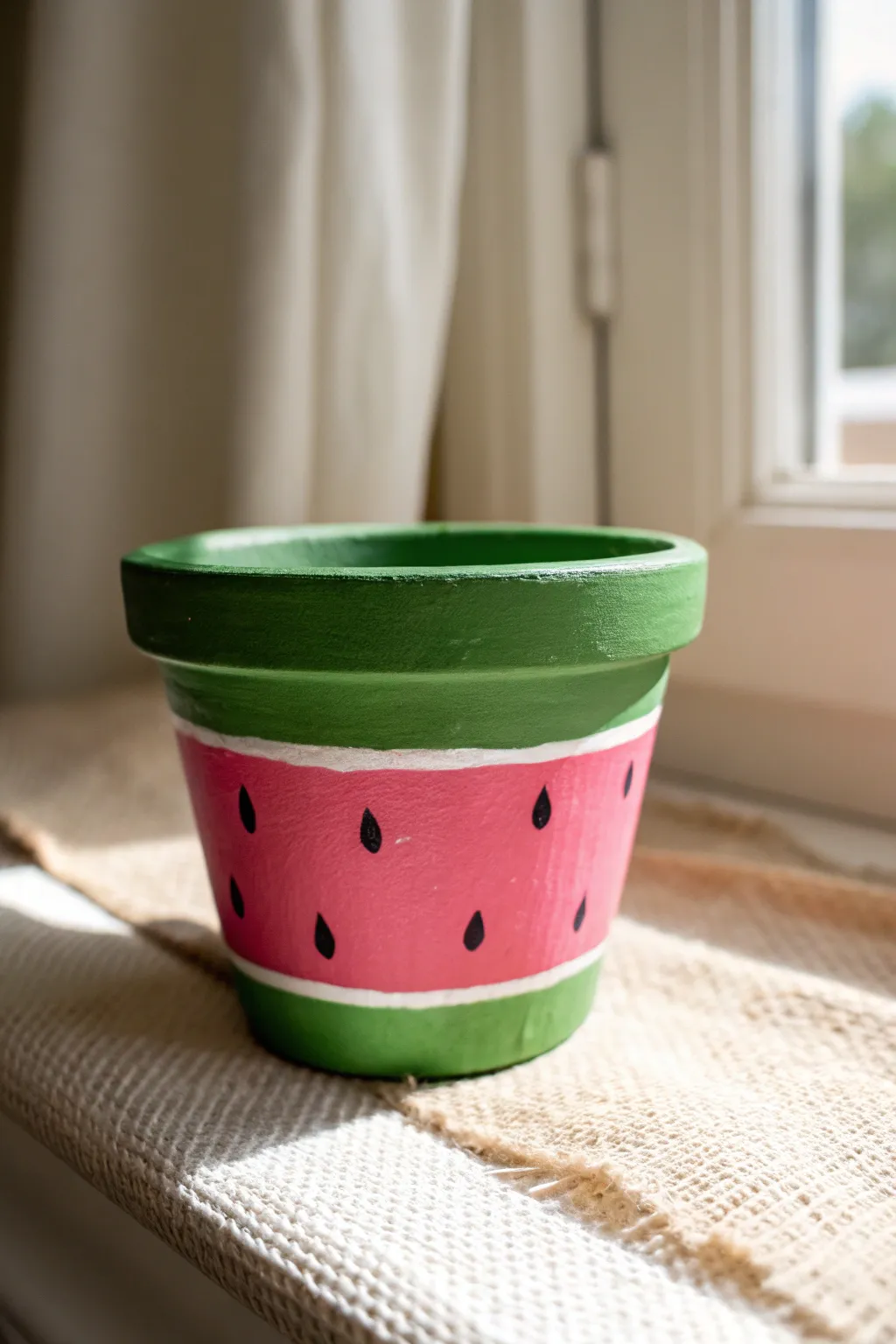Sweet watermelon slice pot painting idea for kids, simple shapes and bold colors on a minimal backdrop.