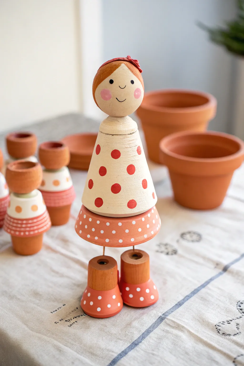 Polka-dot dress clay pot person with matching shoes, a sweet minimalist-boho garden accent.