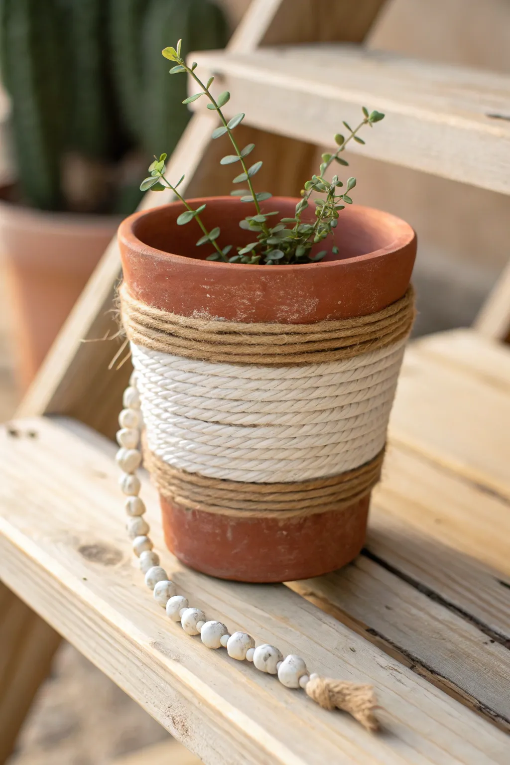 Rustic twine-wrapped terracotta planter with fresh greenery for an easy boho-minimal look
