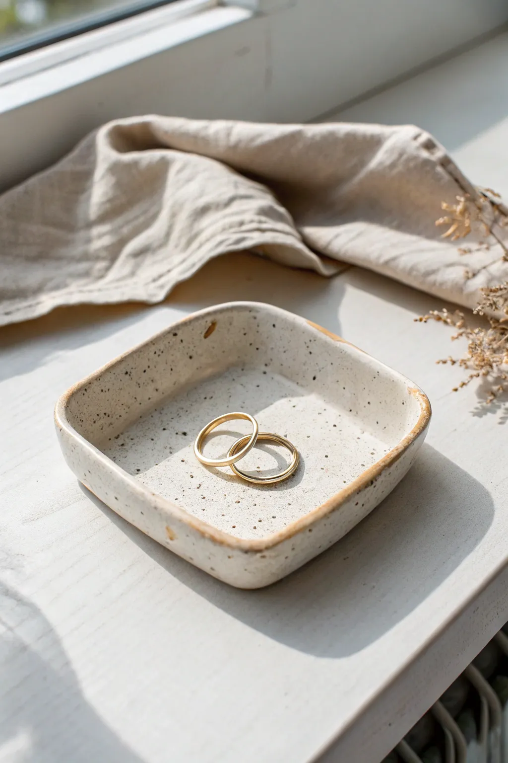 Speckled clay trinket dish with lifted corners, perfect for rings, keys, and tiny treasures