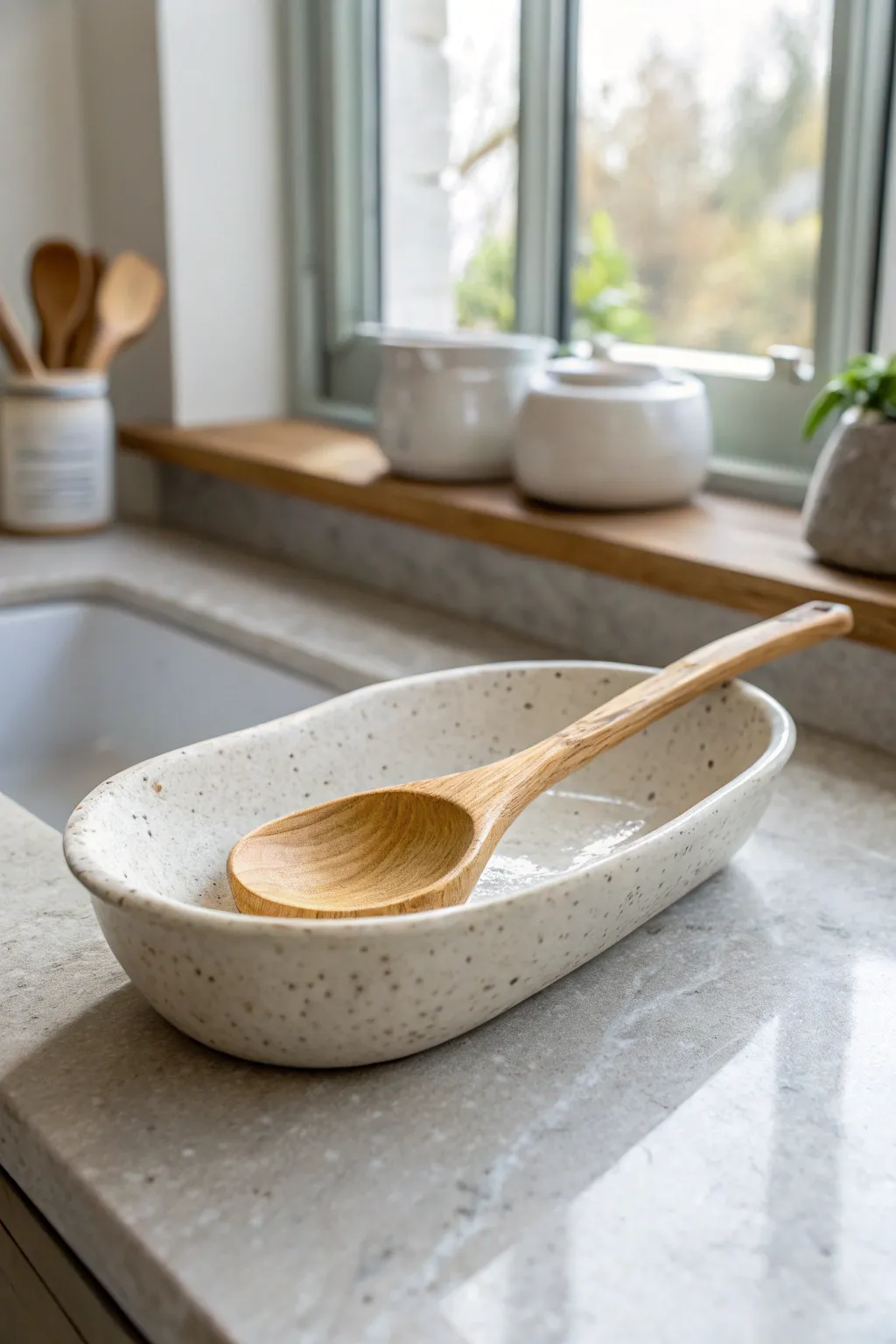 Beginner clay spoon rest with a simple notch, adding calm Scandinavian style to your counter.
