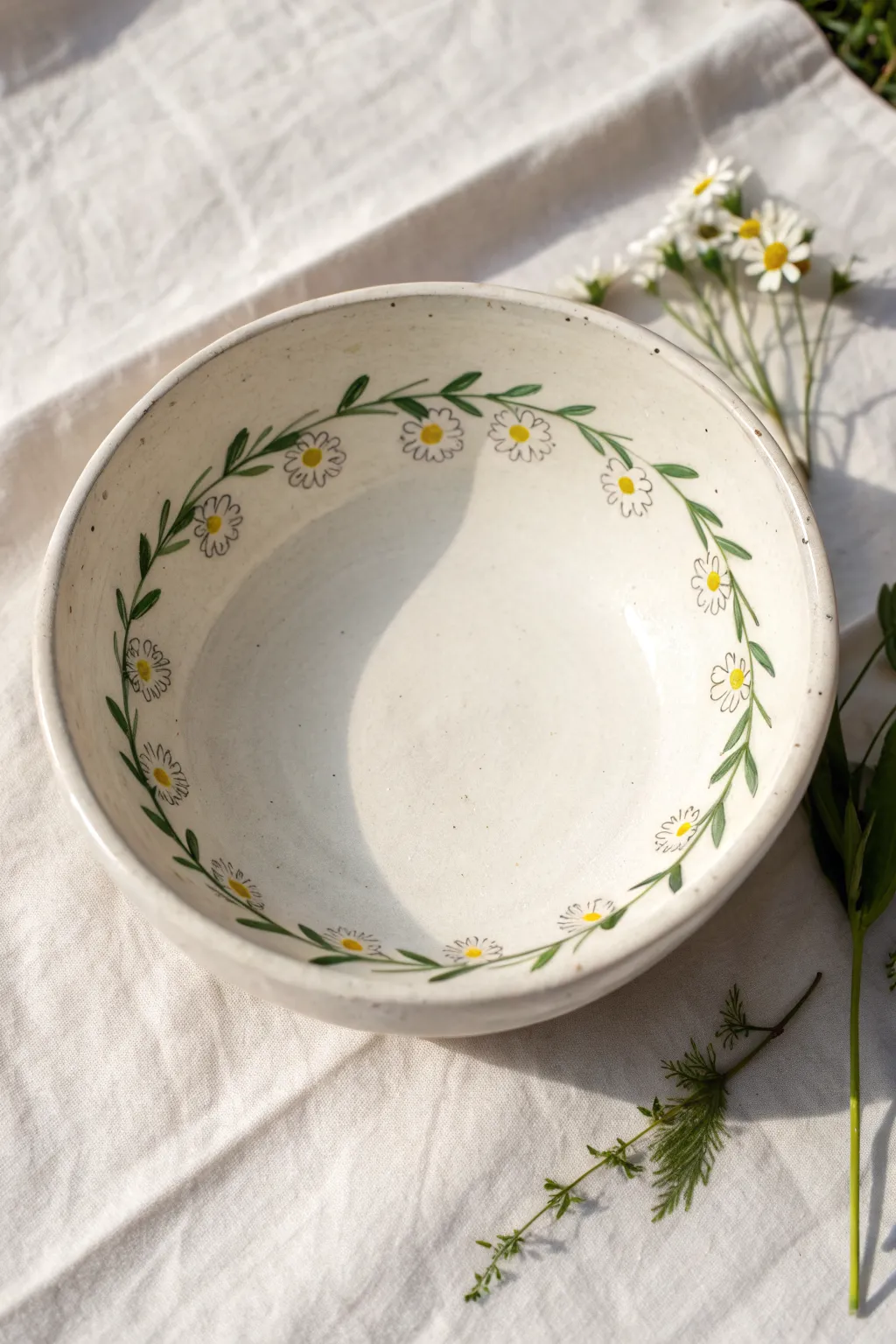 Minimalist white bowl with an easy floral wreath rim for a soft, Scandinavian-boho finish