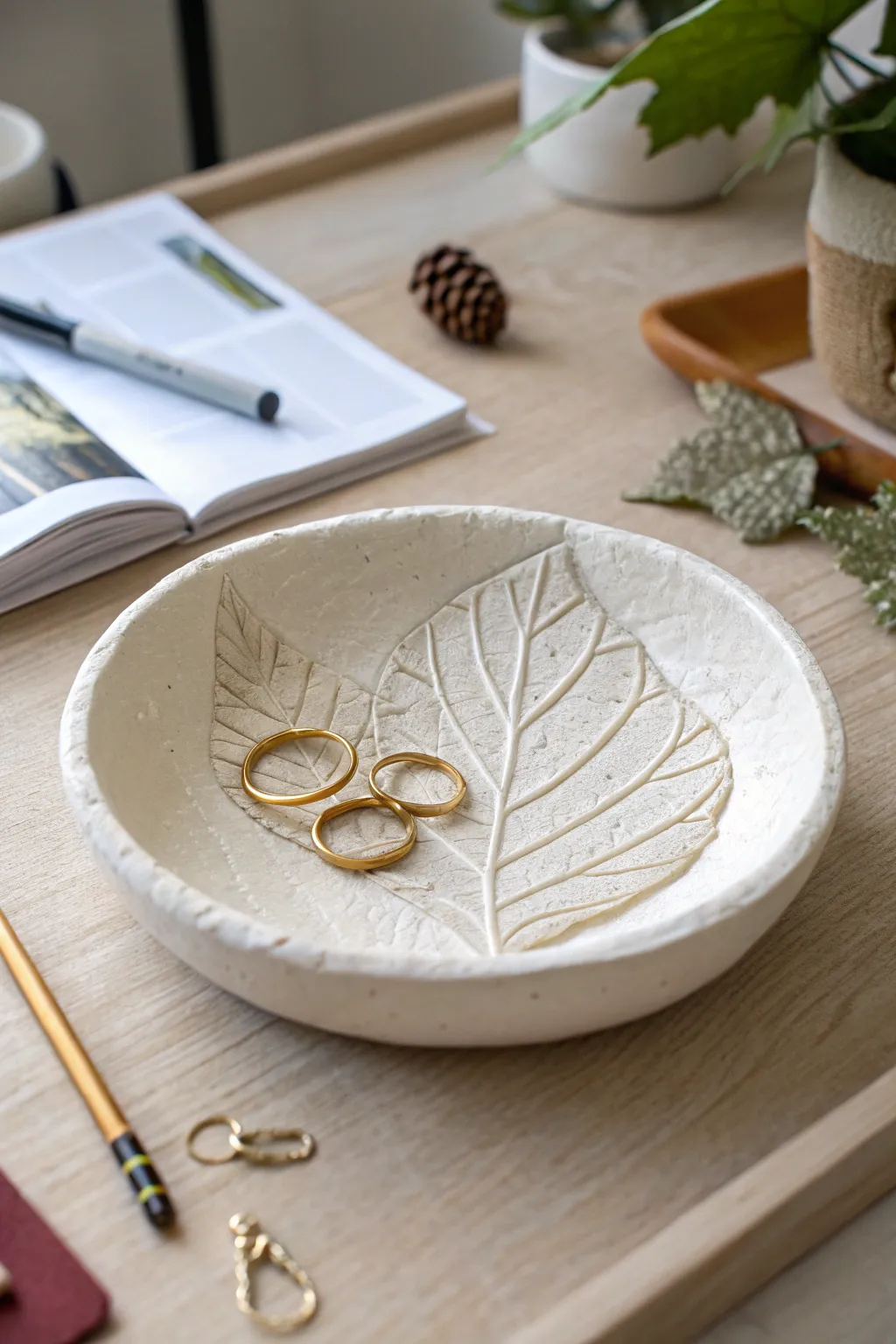 Leaf-imprint catchall dish in soft white, perfect for jewelry and desk essentials.
