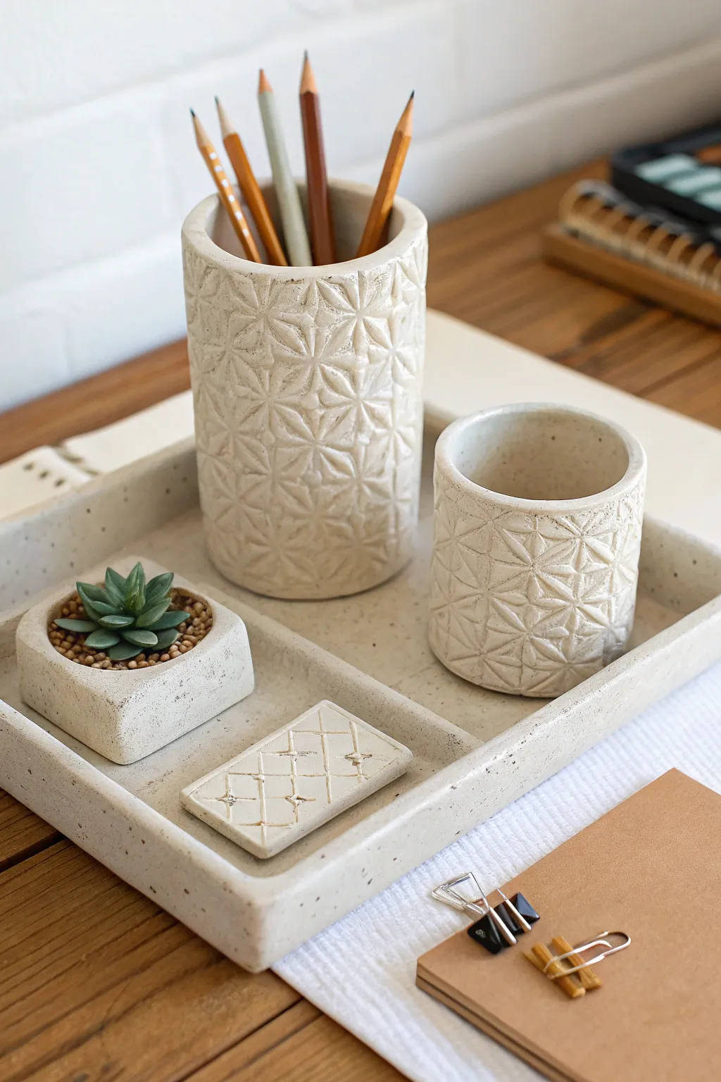 Minimal clay desk organizer set for teens: pencil cup, tray, and clip dish in calm neutrals.