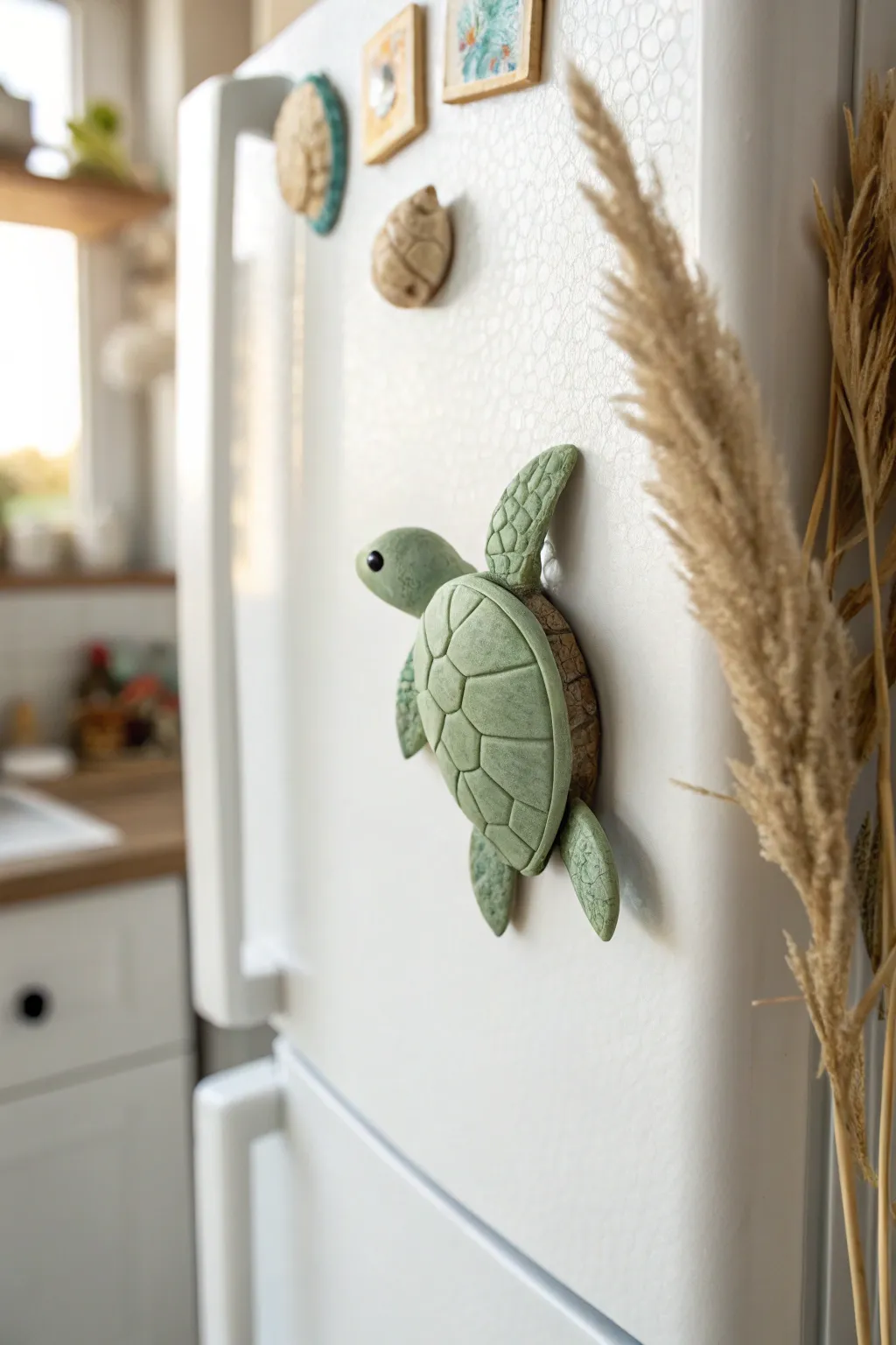 Mini clay animal magnets for kids: a sweet turtle design with simple shapes and modern colors