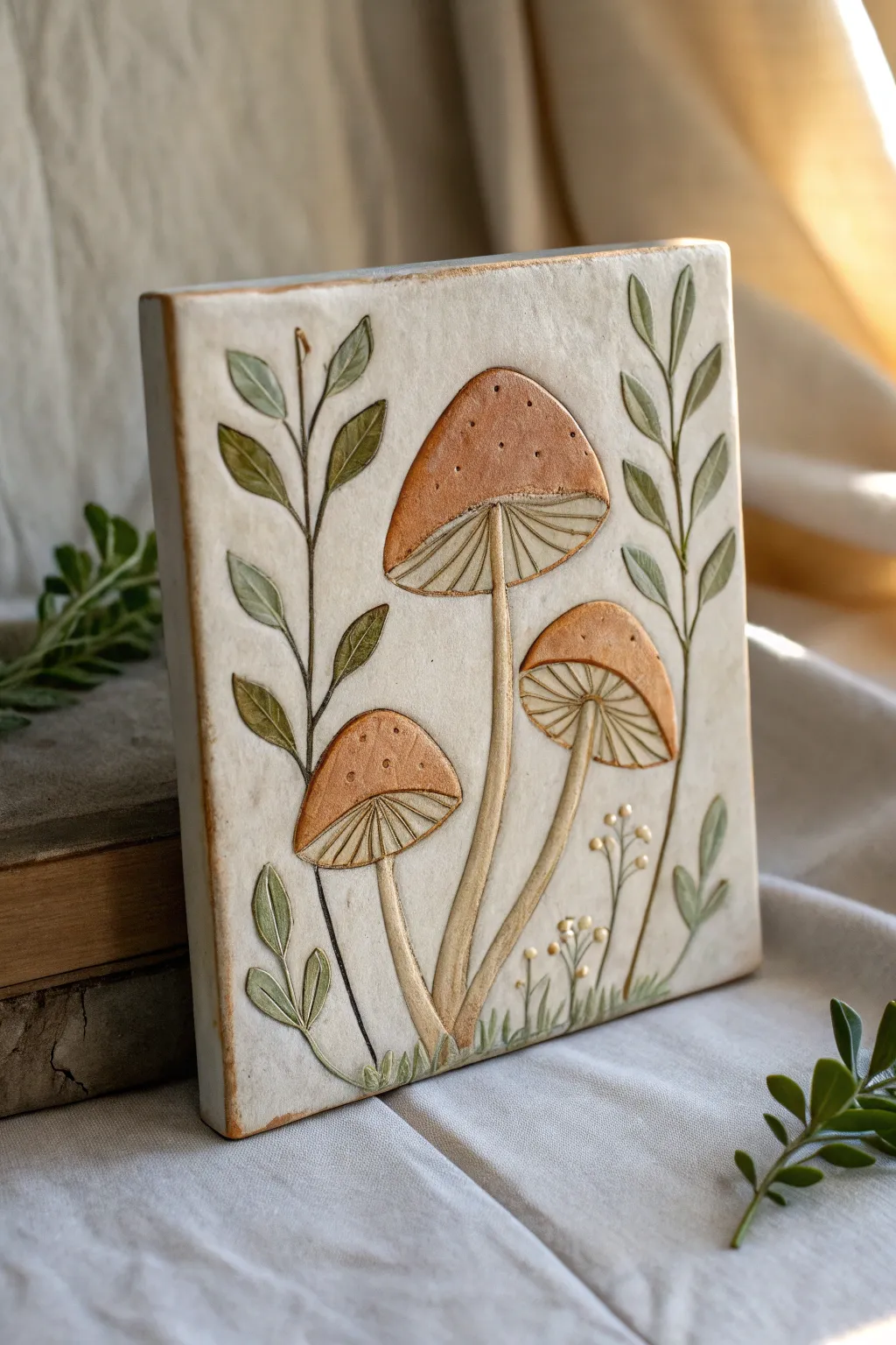 Mushroom forest relief tile in soft earthy tones, bold shapes and cozy texture for beginners