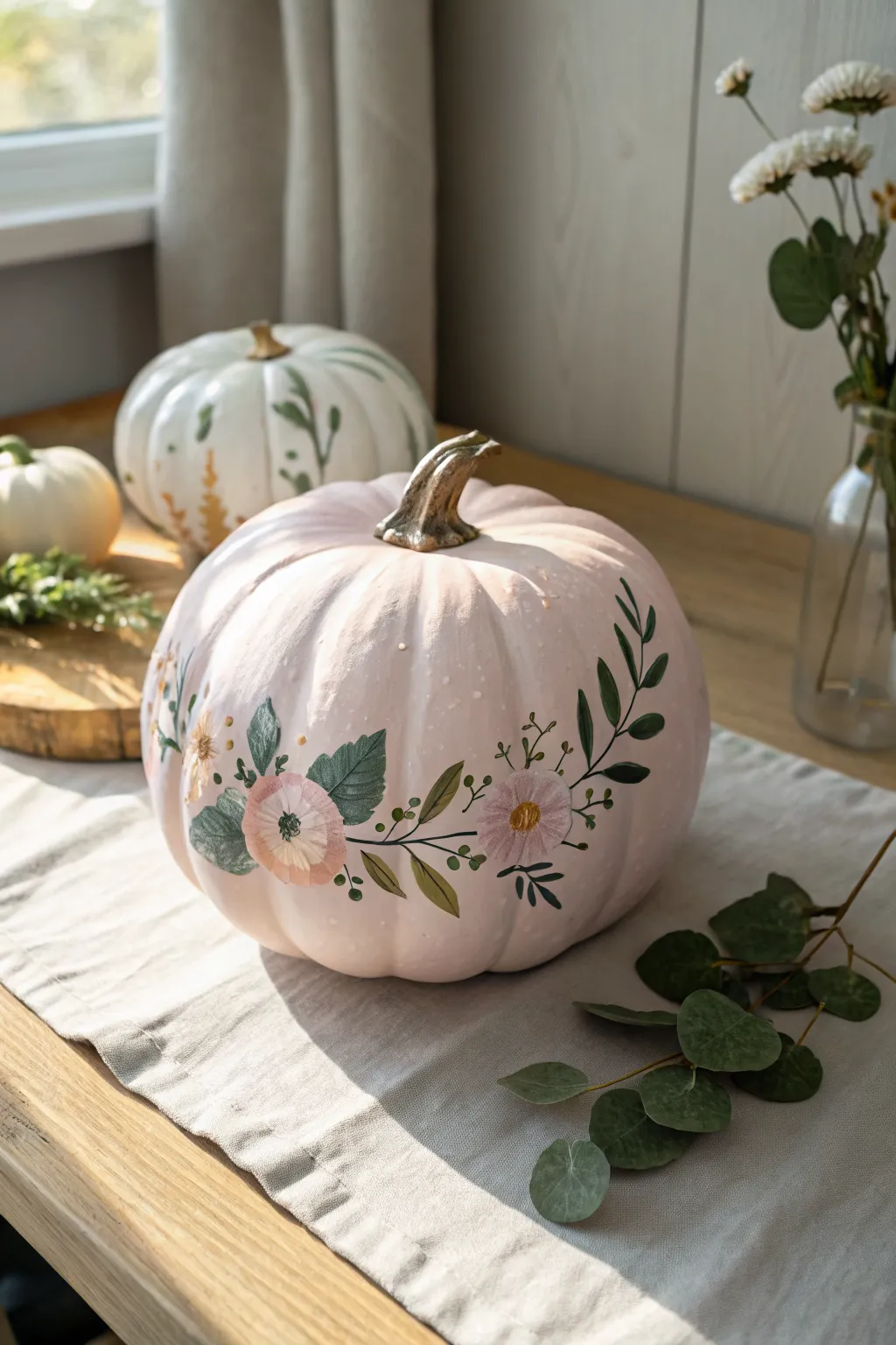 Pale pink ceramic pumpkin with a simple floral garland, perfect for cozy autumn boho decor.