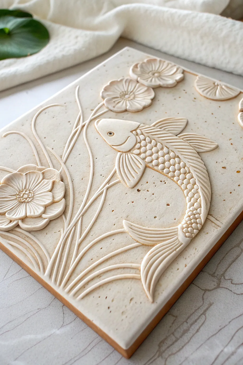 Minimal koi and lily pad relief tile, softly speckled clay with calm carved water ripples.