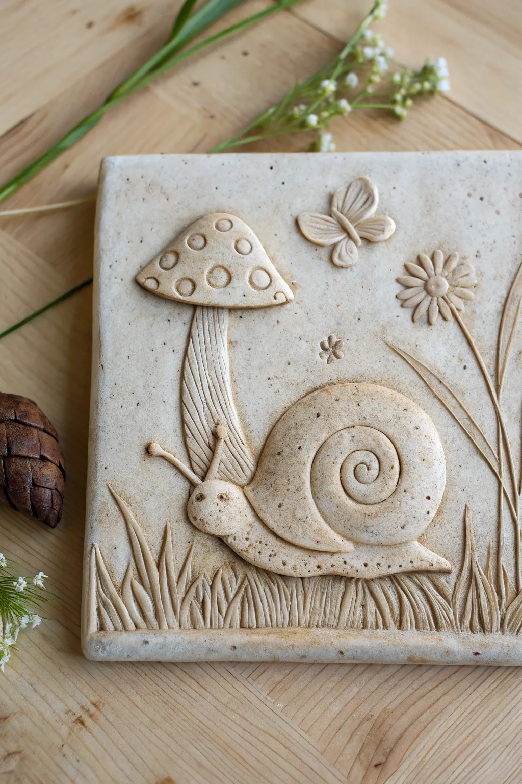 Whimsical snail and mushroom clay relief tile with soft shadows and calm, minimalist warmth