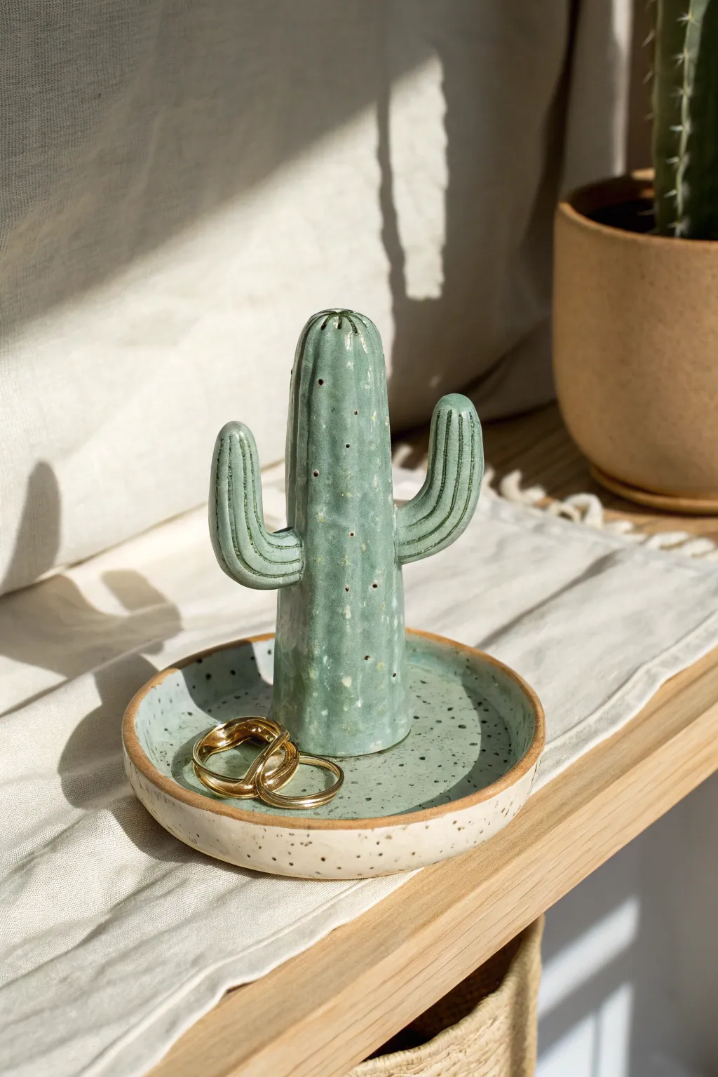 Sweet cactus clay ring holder in soft sage, a minimalist way to store rings beautifully