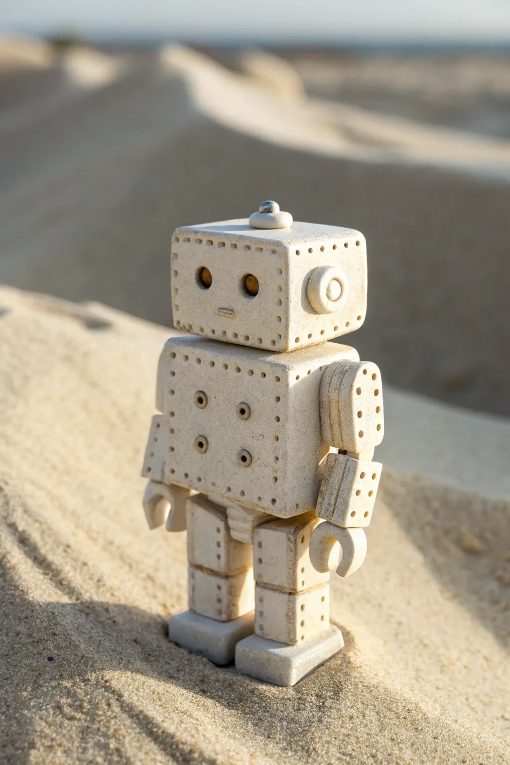 Simple slab-built clay robot with crisp panels and tiny rivets, minimalist and beginner-friendly.
