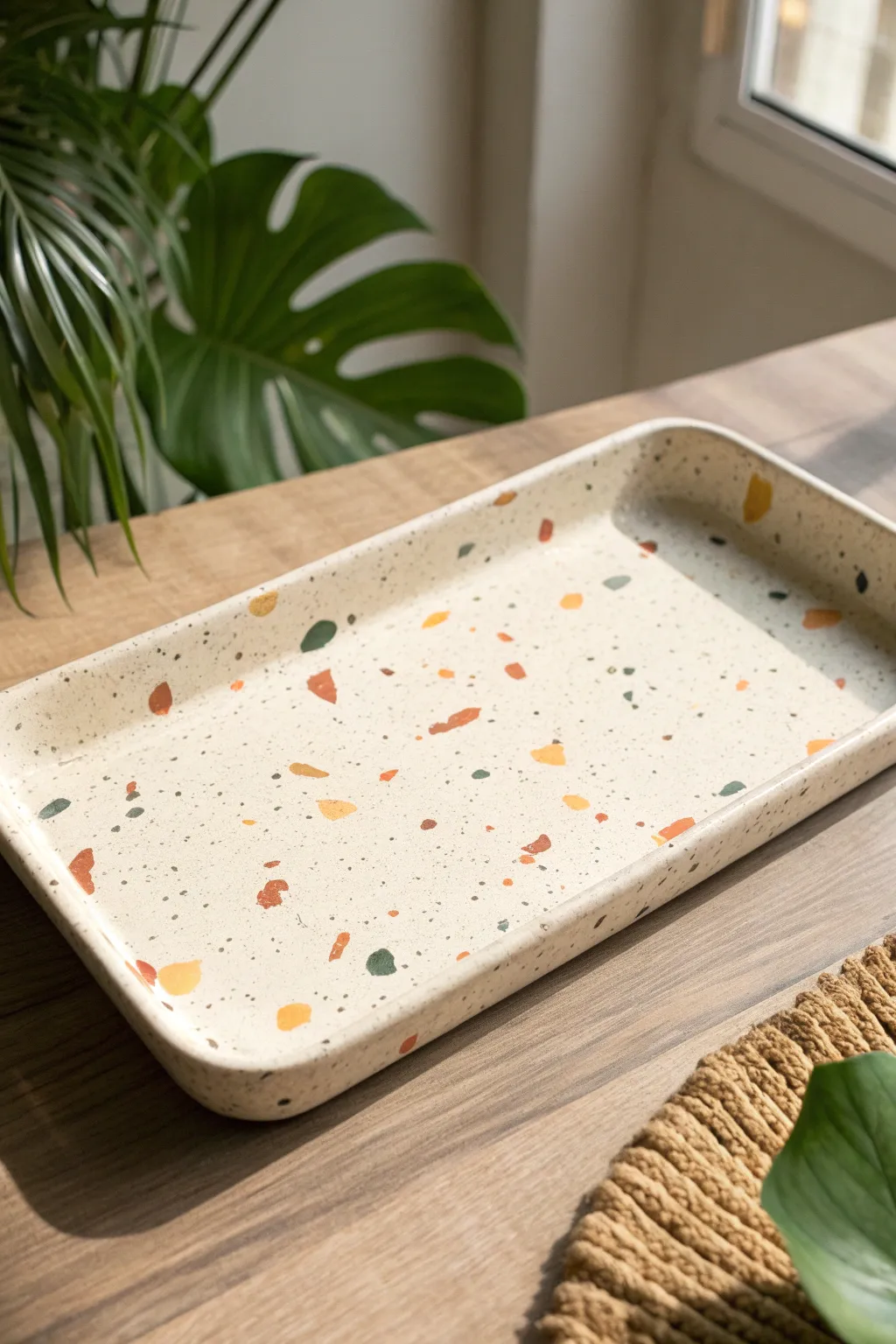 Terrazzo-speckled matte clay rolling tray with playful color pops in a calm minimalist setting