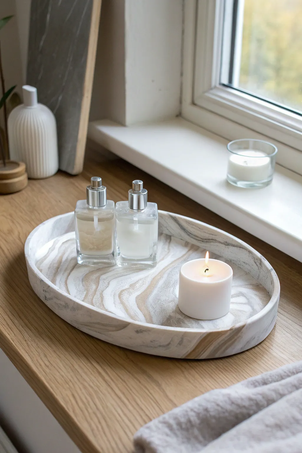 Oval marble-effect clay vanity tray for perfumes and a candle, clean Scandinavian boho styling