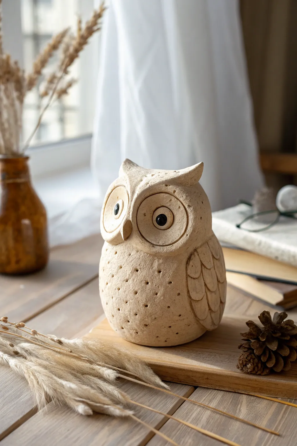 Big-eyed clay owl figurine idea for kids, simple textures and cozy minimalist Scandinavian style.