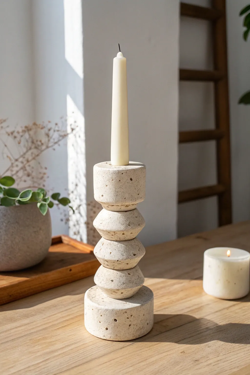 Handmade stacked clay candle totem bringing sculptural calm to your minimalist boho shelf.