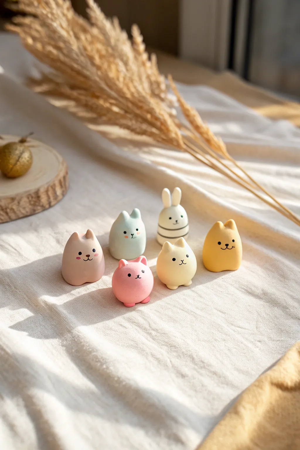 Tiny pastel clay animal figurines in a neat row, minimalist and sweet for easy decor ideas.