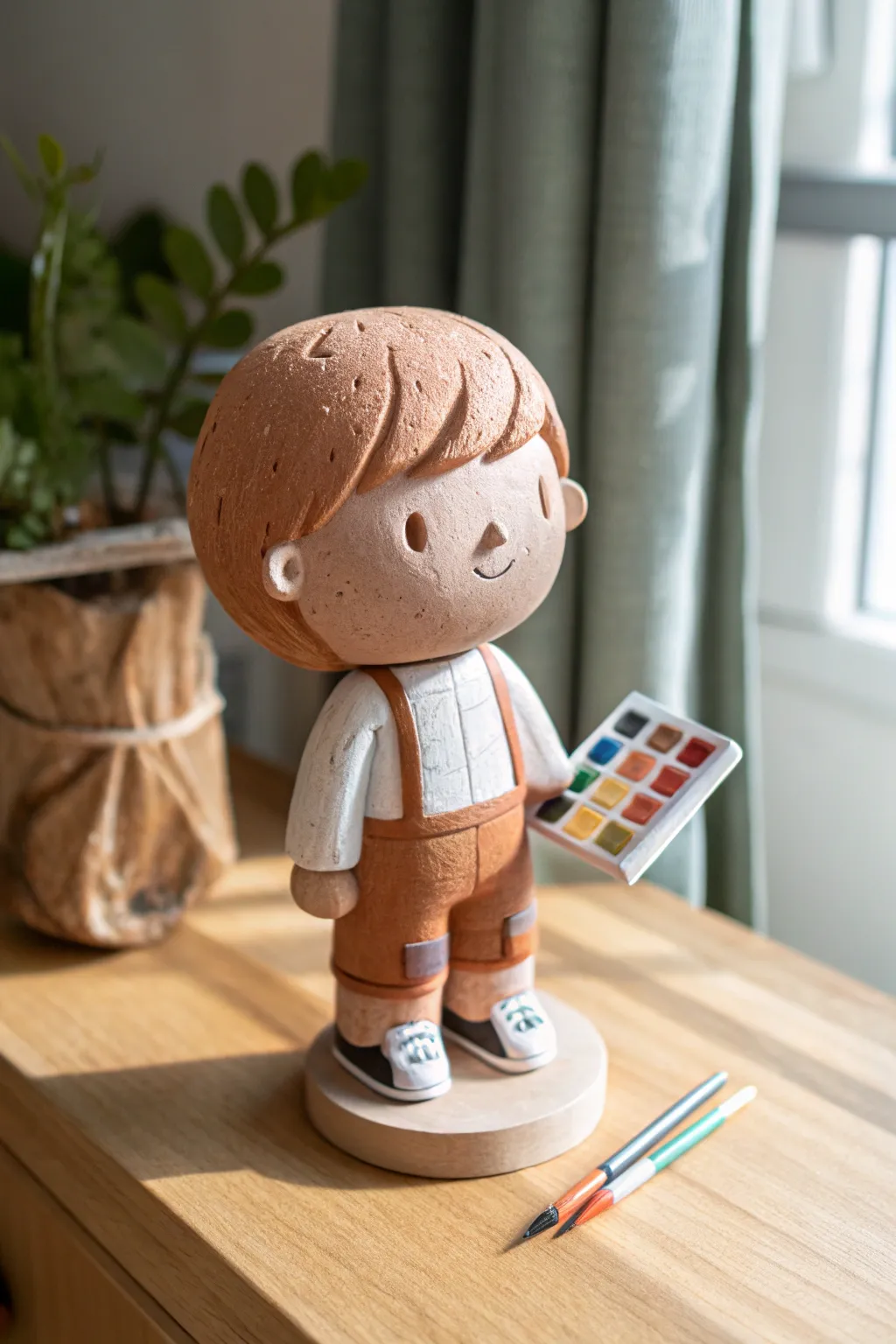 Bobblehead clay character with a high school vibe, simple shapes and cozy Scandinavian-boho style.