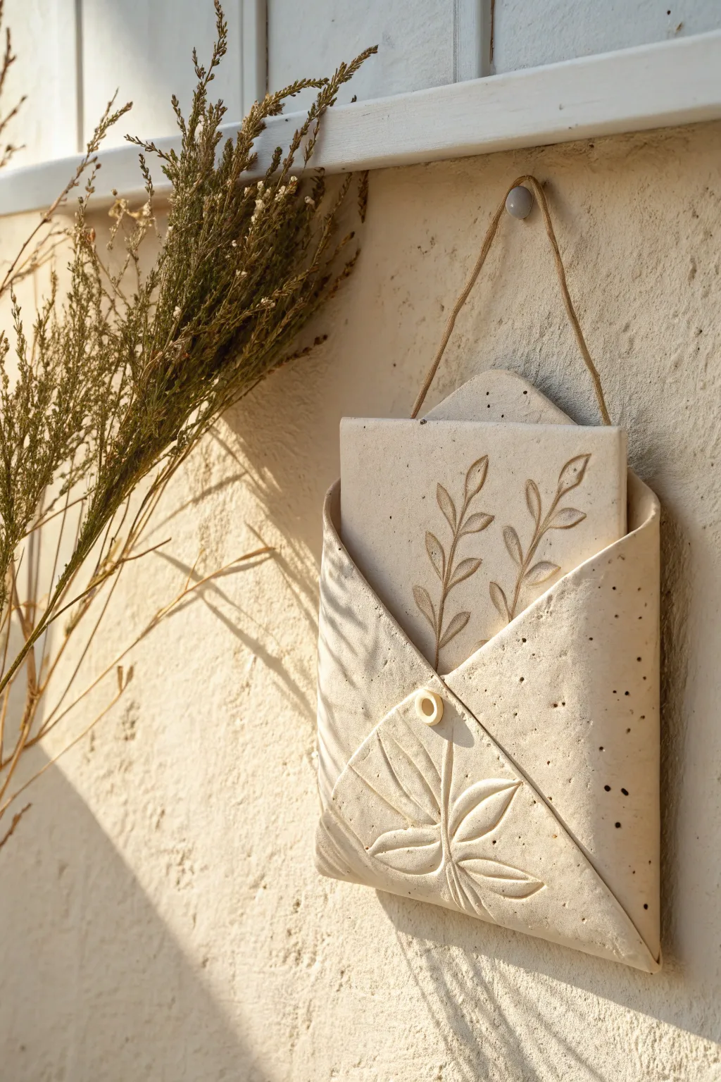 Nature-inspired slab wall pocket with simple raised leaves, styled with dried stems and soft light