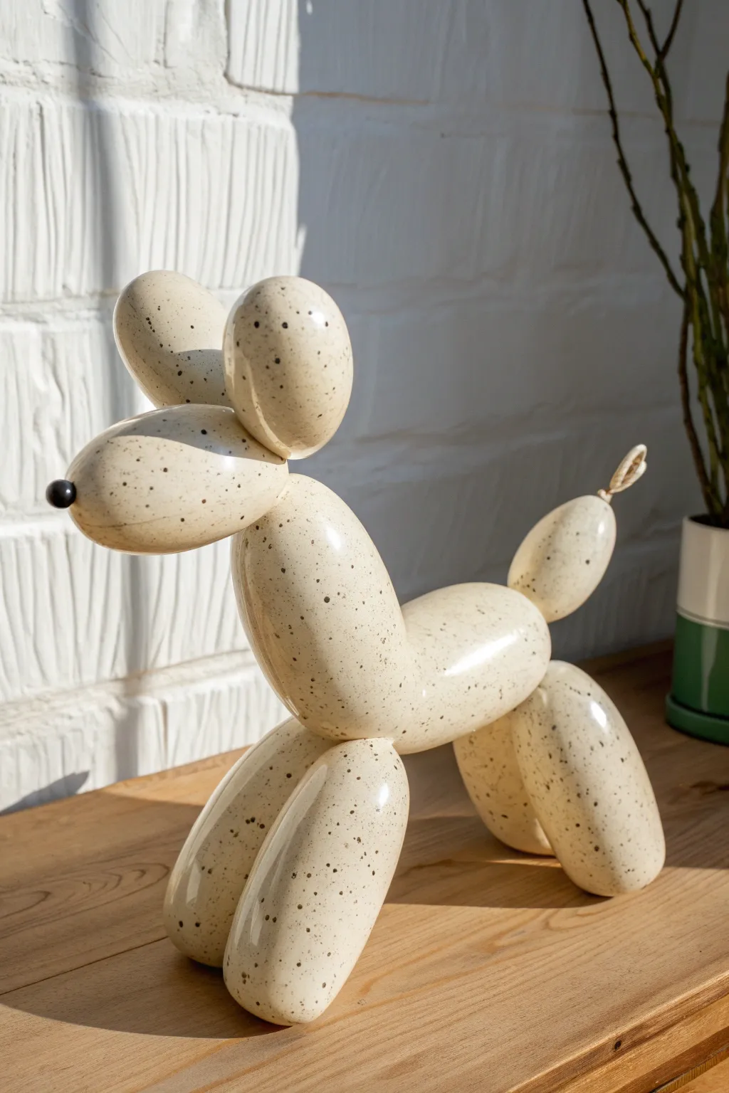 Glossy clay balloon dog in warm ivory glaze, minimalist Scandinavian vibes with bright inflated highlights