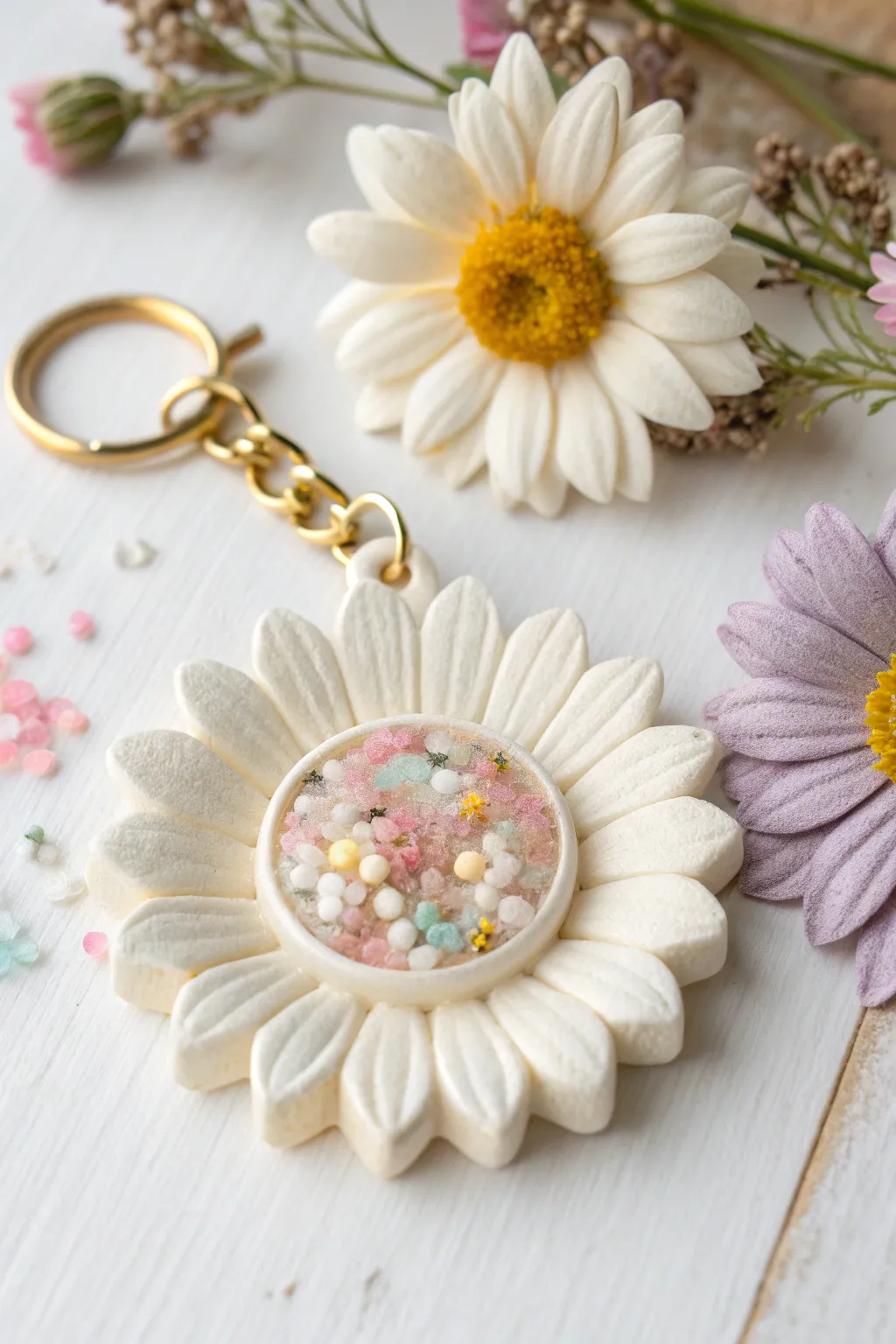 Springy daisy shaker charm with a clear confetti center and pastel beads, minimalist and sweet.