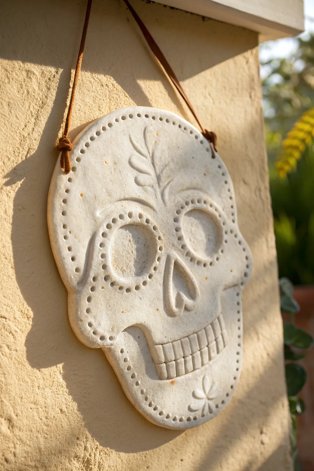 Minimal clay skull relief plaque, softly lit on a neutral wall for cozy modern boho decor.