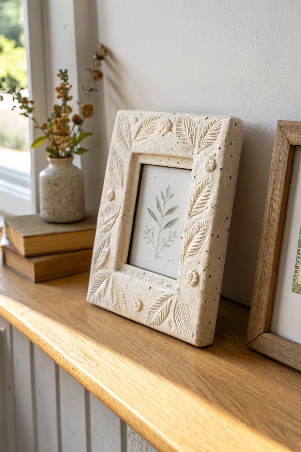 Minimal clay slab picture frame with textured border, a calm Scandinavian boho shelf moment.
