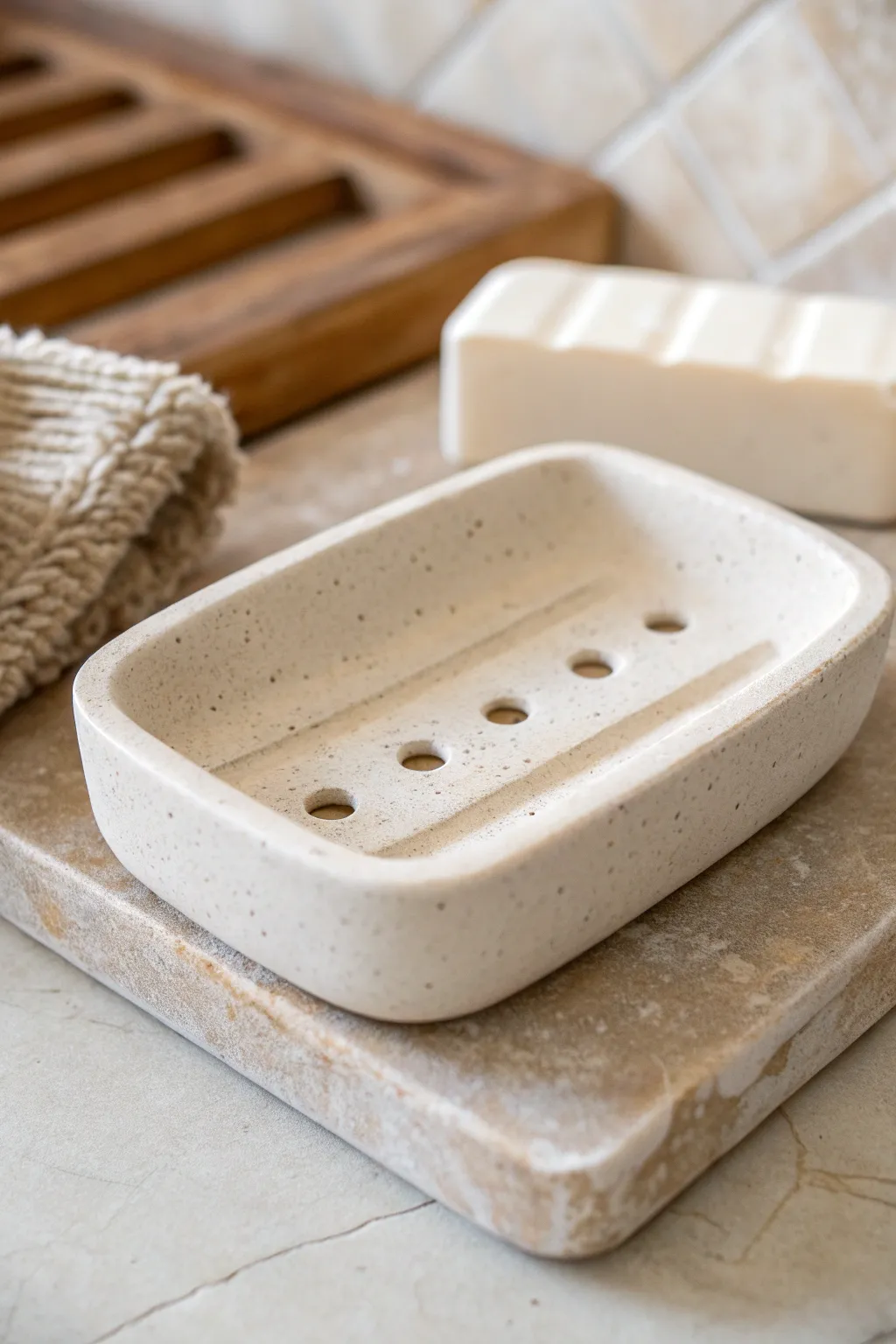 Minimal slab-built soap dish with clean drainage holes and a calm, spa-like finish.