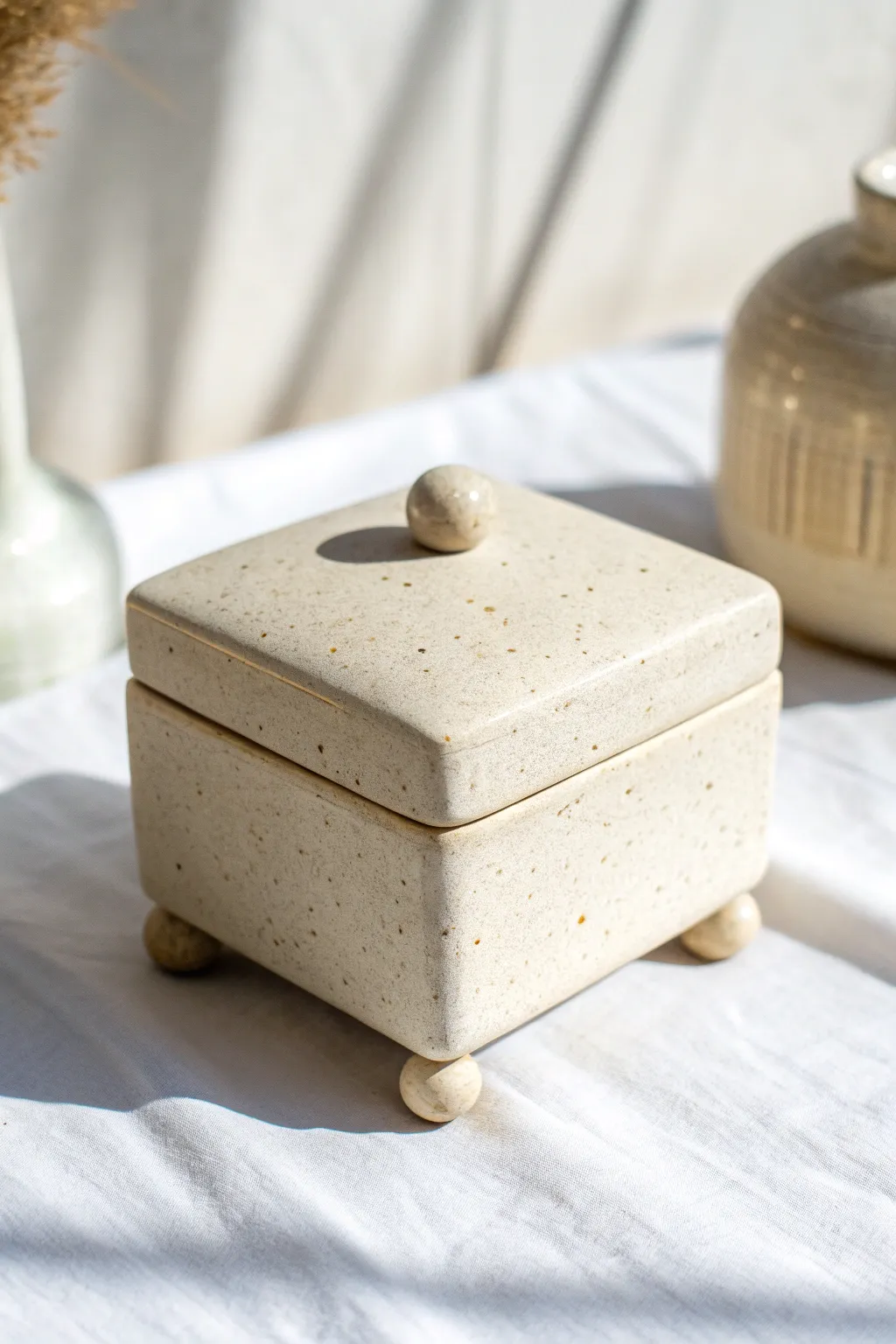 Footed slab box with tiny ball feet, a simple floating lidded container for your next clay project.