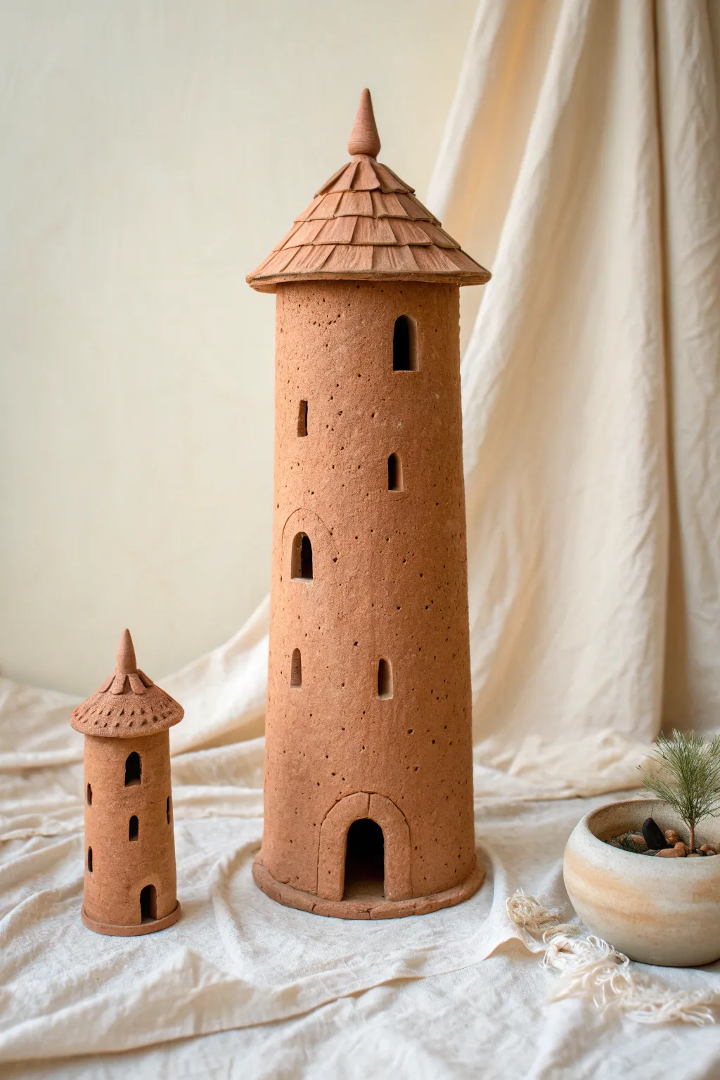 Tall tower slab house with a simple turret roof and tiny windows for dramatic cozy charm