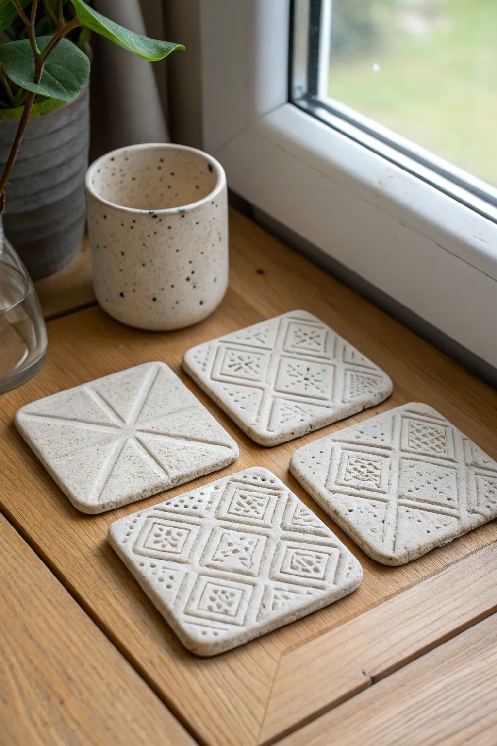 Minimal slab coasters with stamped textures, perfect beginner clay project for cozy tables.
