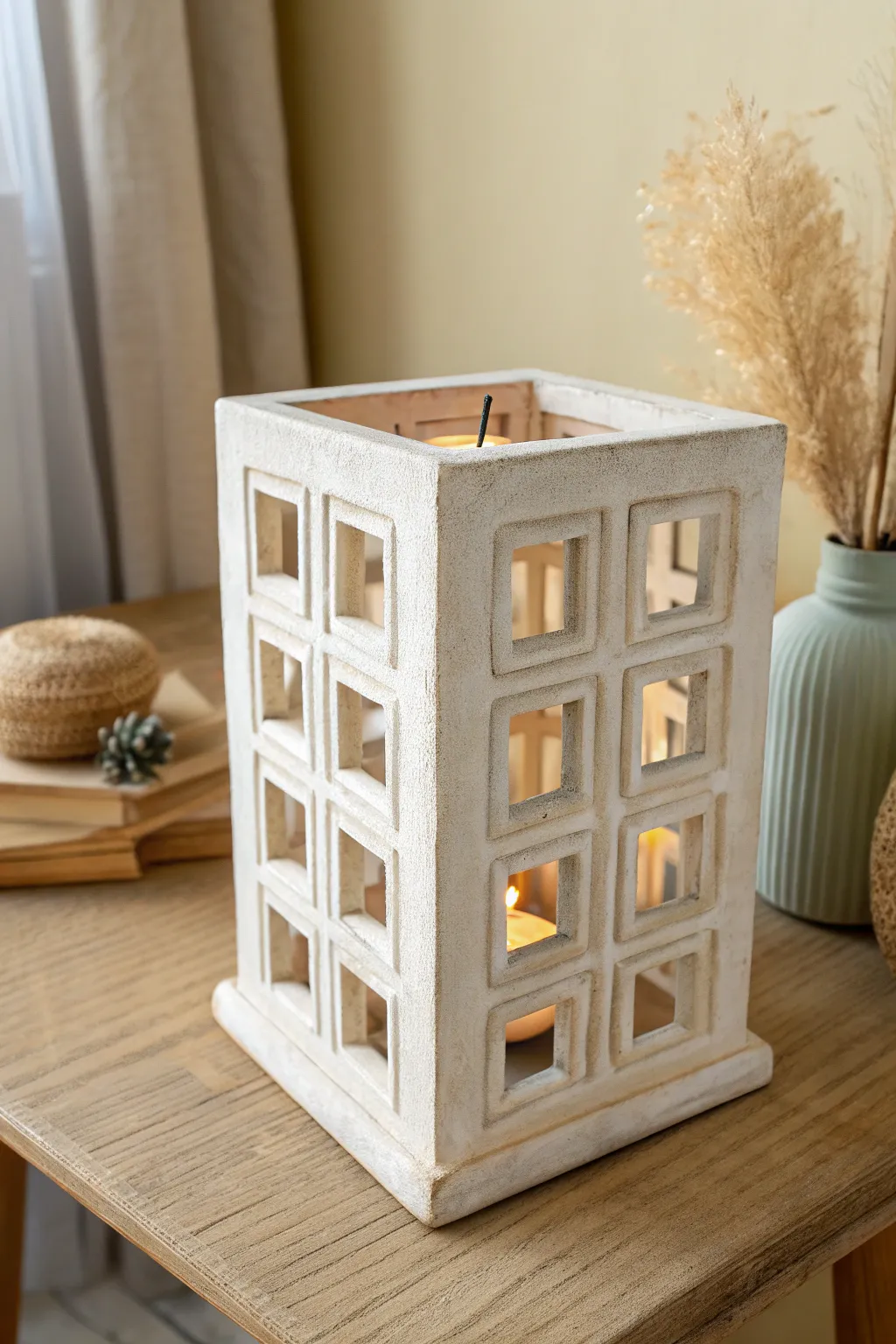 Geometric slab lantern with crisp cutouts casting a calm grid of light across the table